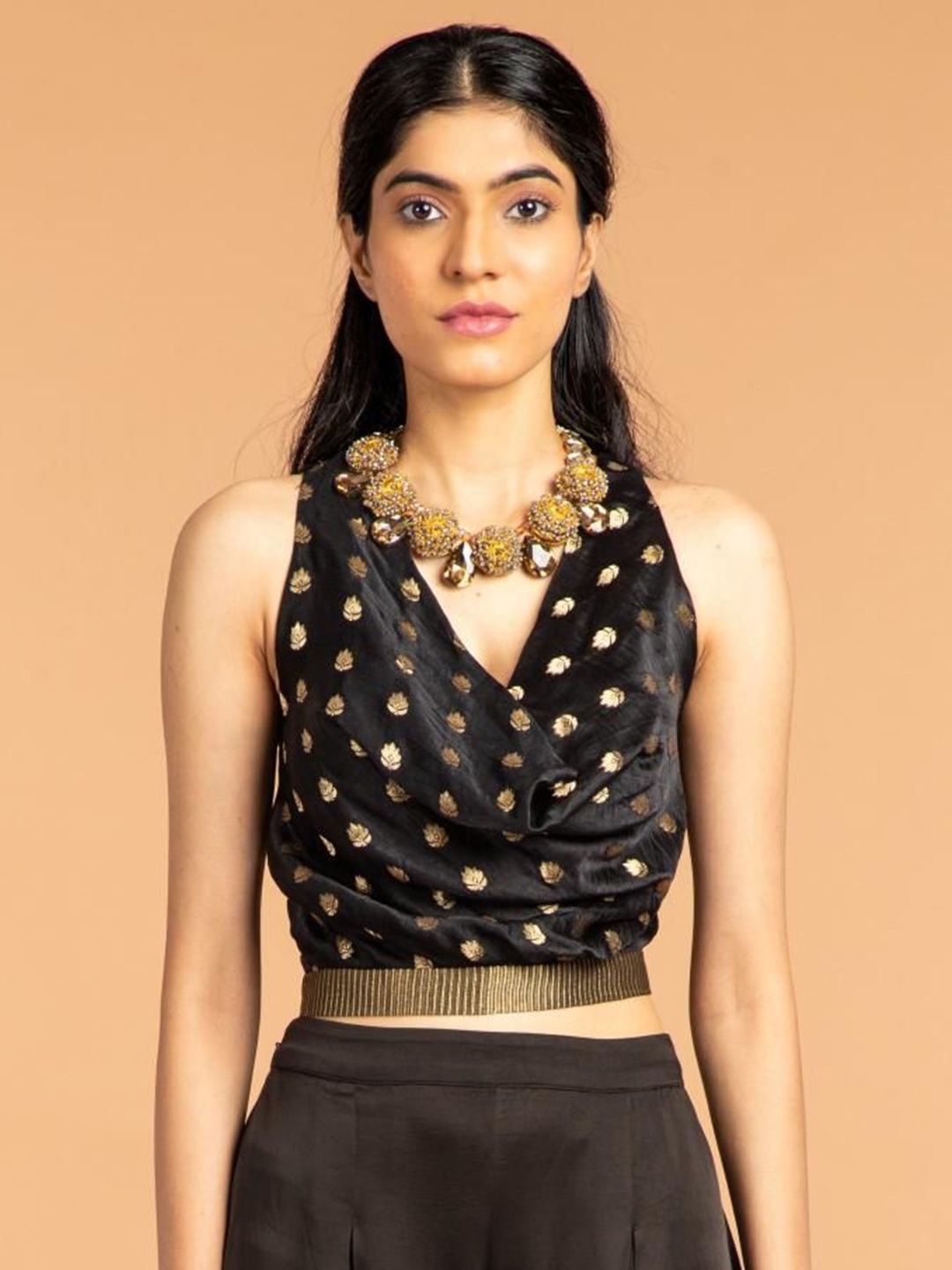 

VASSTRAM Ethnic Printed Cowl Neck Satin Crop Top, Black