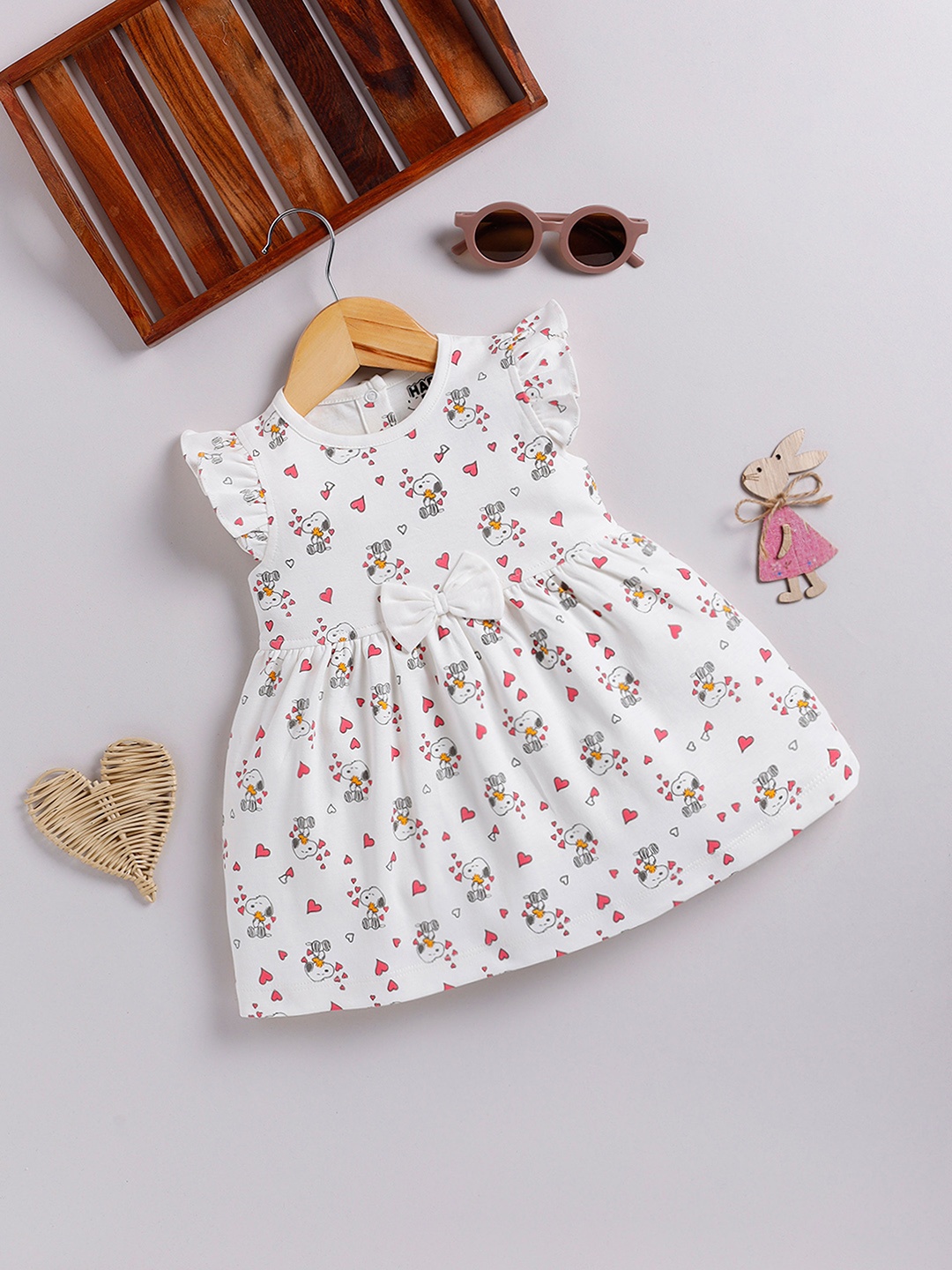 

Happy Faces Girls Cotton Printed Flutter Sleeve Fit & Flare Dress, Off white
