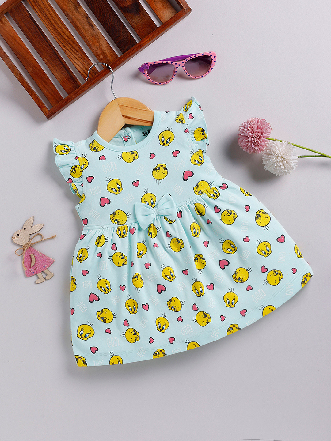 

Happy Faces Girls Cotton Printed Flutter Sleeve Fit & Flare Dress, Sea green