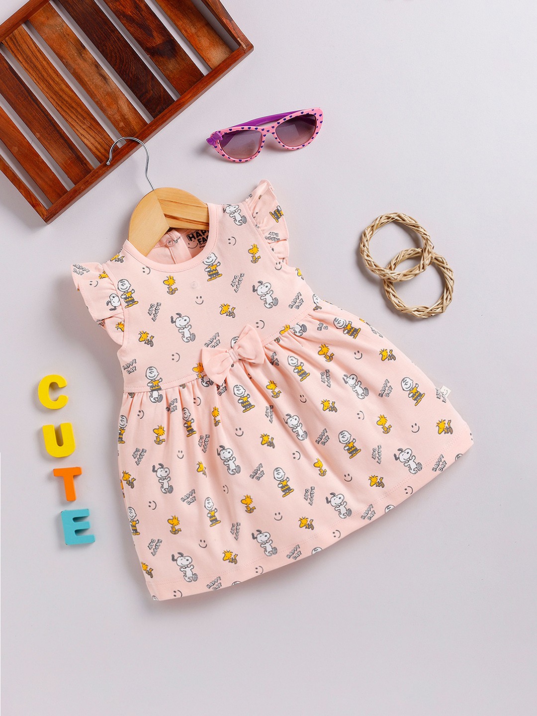 

Happy Faces Girls Cotton Printed Flutter Sleeve Fit & Flare Dress, Pink
