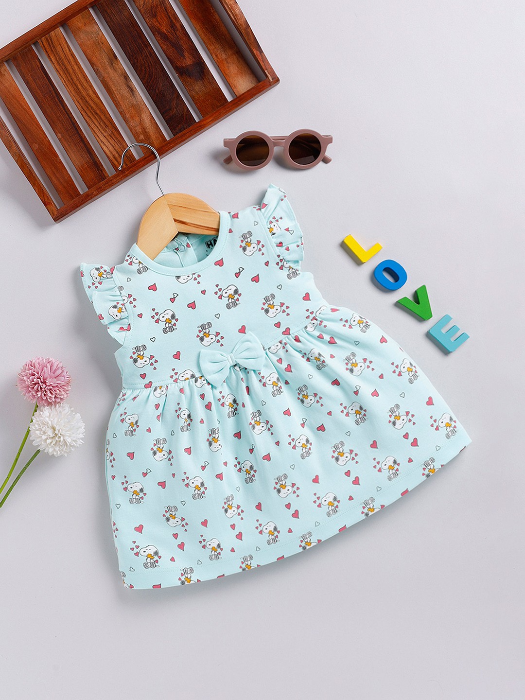 

Happy Faces Girls Cotton Printed Flutter Sleeve Fit & Flare Dress, Sea green