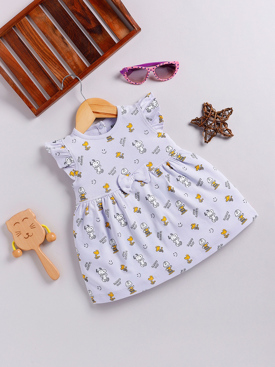

Happy Faces Girls Cotton Printed Flutter Sleeve Fit & Flare Dress, Lavender