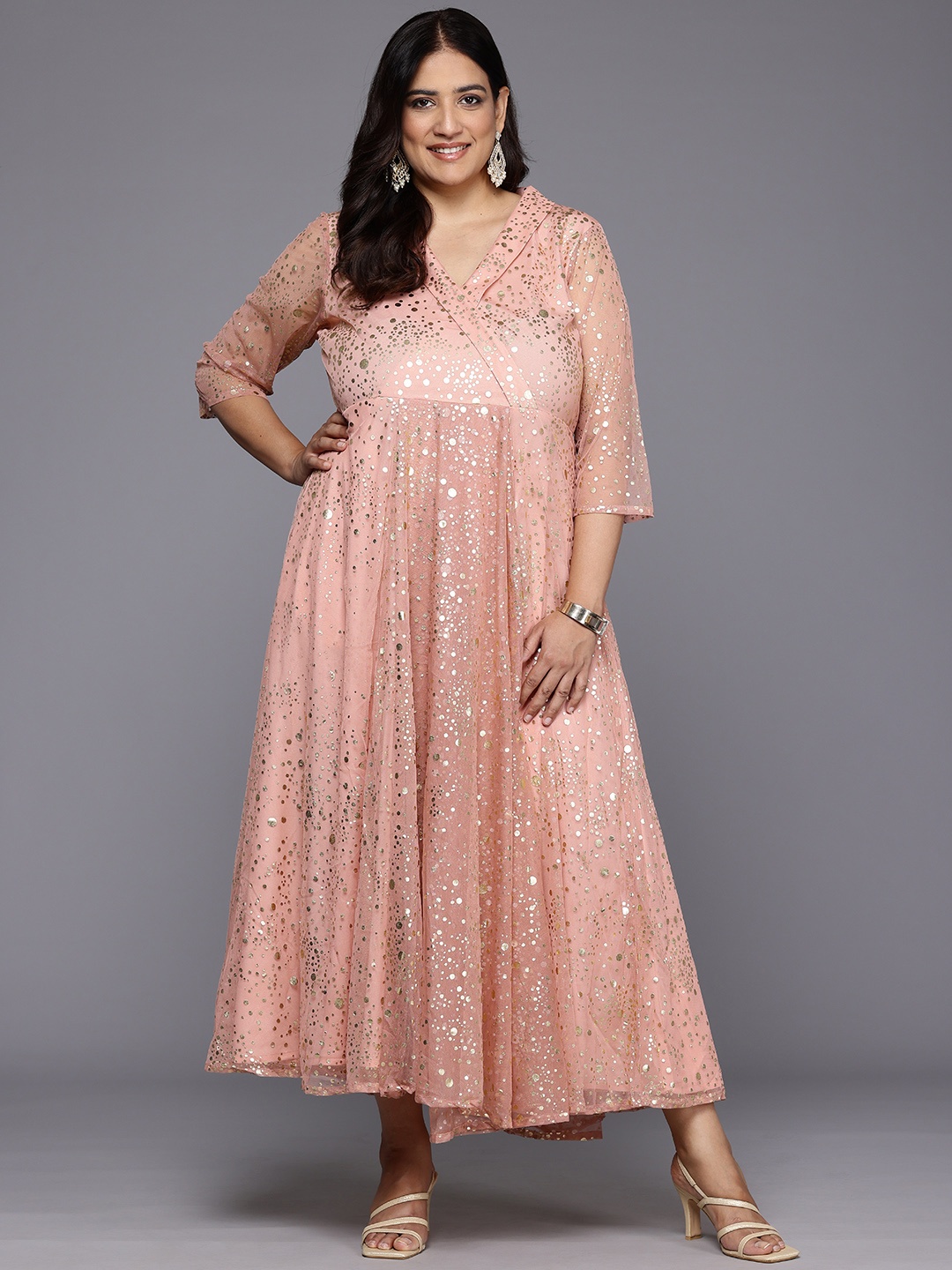 

A PLUS BY AHALYAA Plus Size Polka Dots Printed Net Maxi Ethnic Gown, Peach