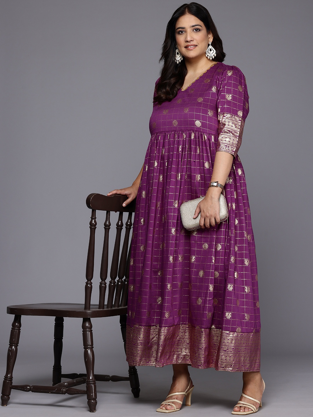 A PLUS BY AHALYAA Plus Size Ethnic Printed Maxi Ethnic Gown, Purple