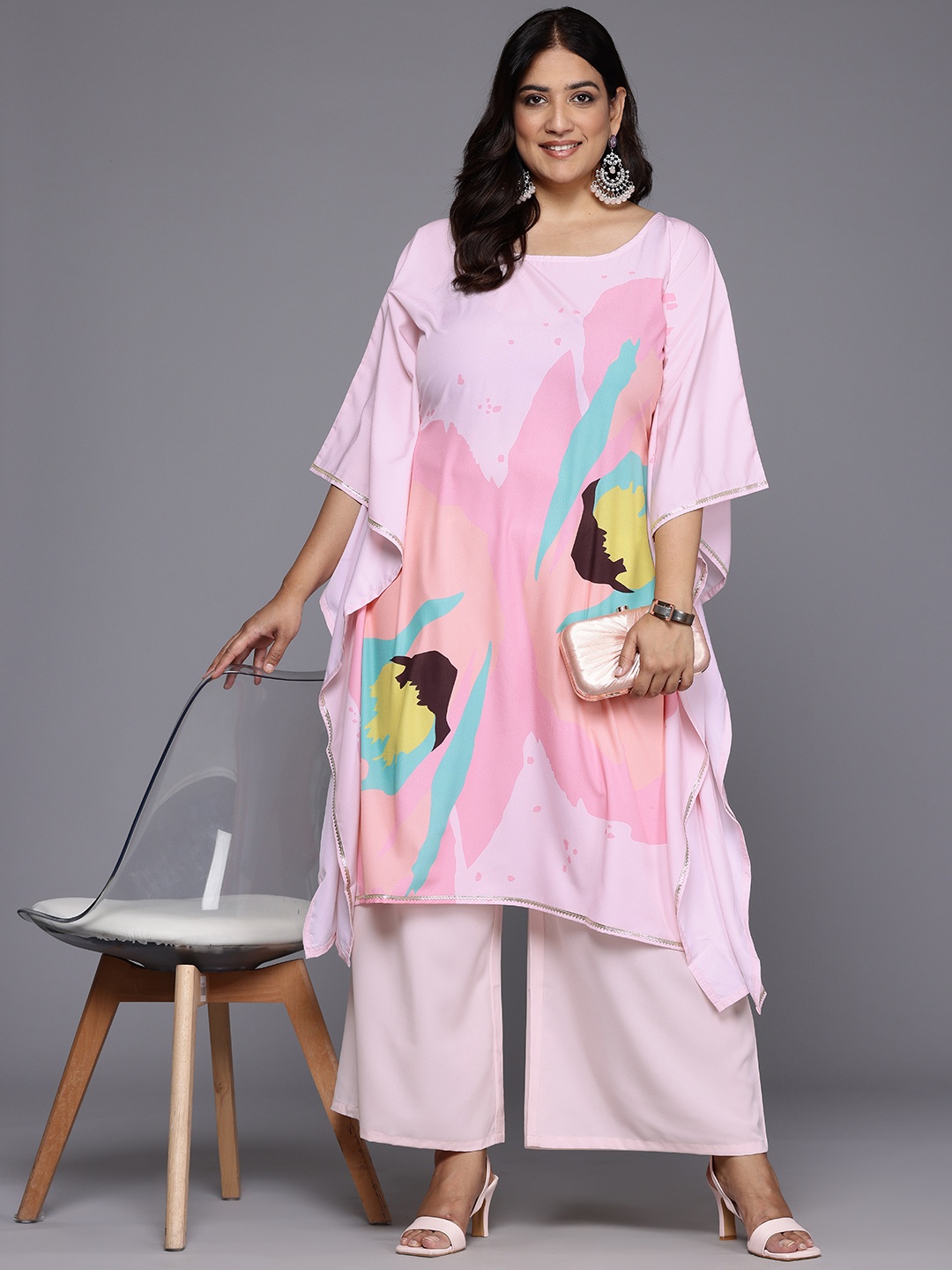 A PLUS BY AHALYAA Plus Size Printed Gotta Patti Kurta With Palazzos, Pink