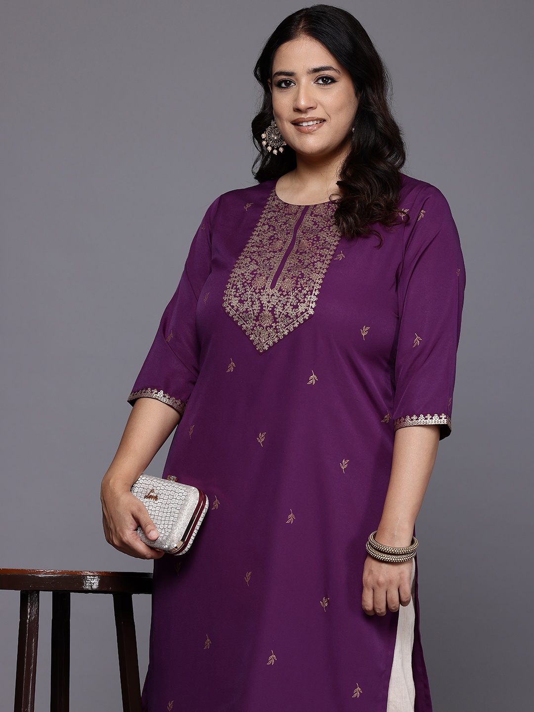 

A PLUS BY AHALYAA Plus Size Ethnic Motifs Printed Crepe Kurta, Purple