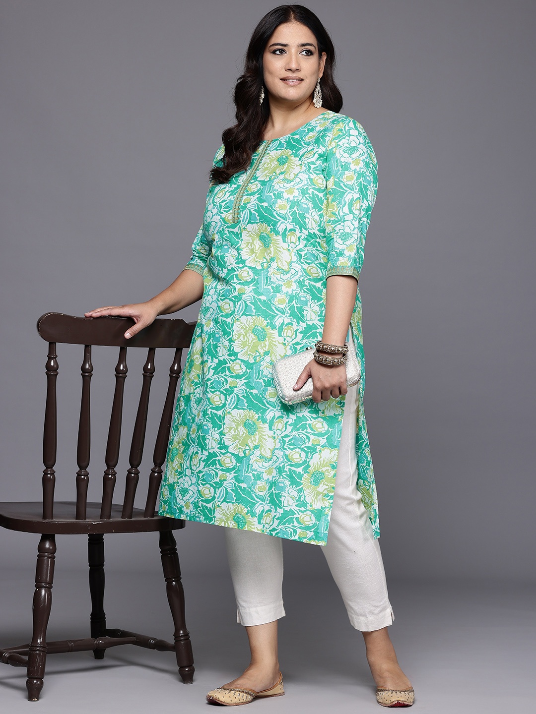 

A PLUS BY AHALYAA Plus Size Floral Printed Pure Cotton Kurta, Green