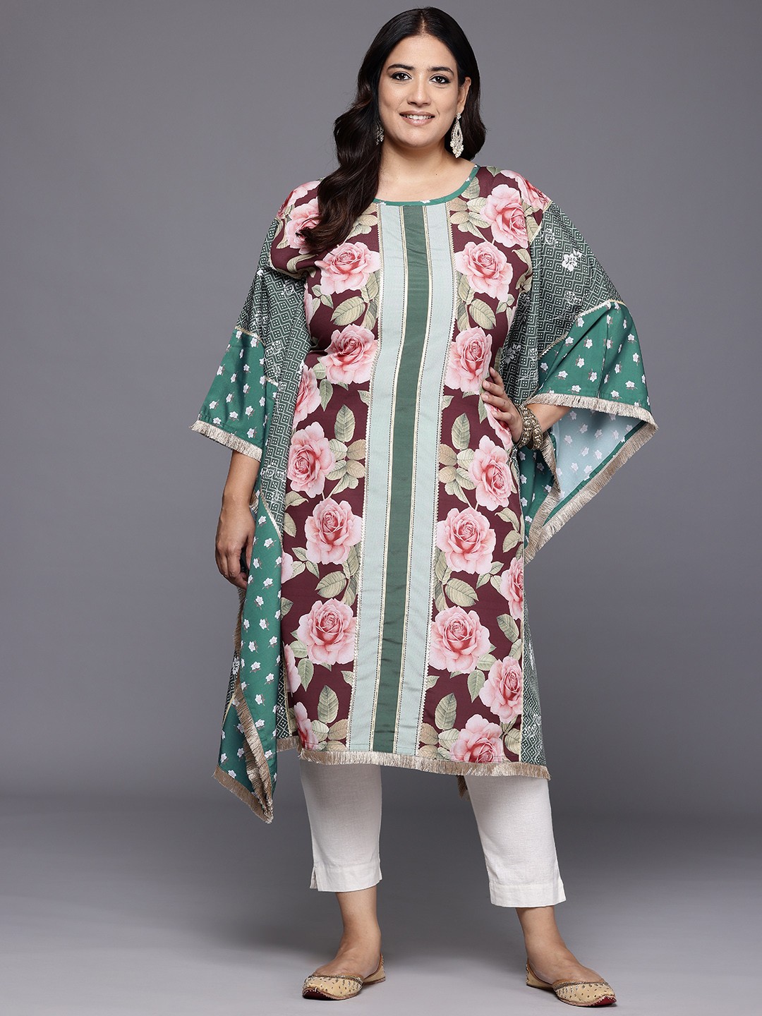 

A PLUS BY AHALYAA Plus Size Floral Printed Flared Sleeves Gotta Patti Crepe Kaftan Kurta, Green