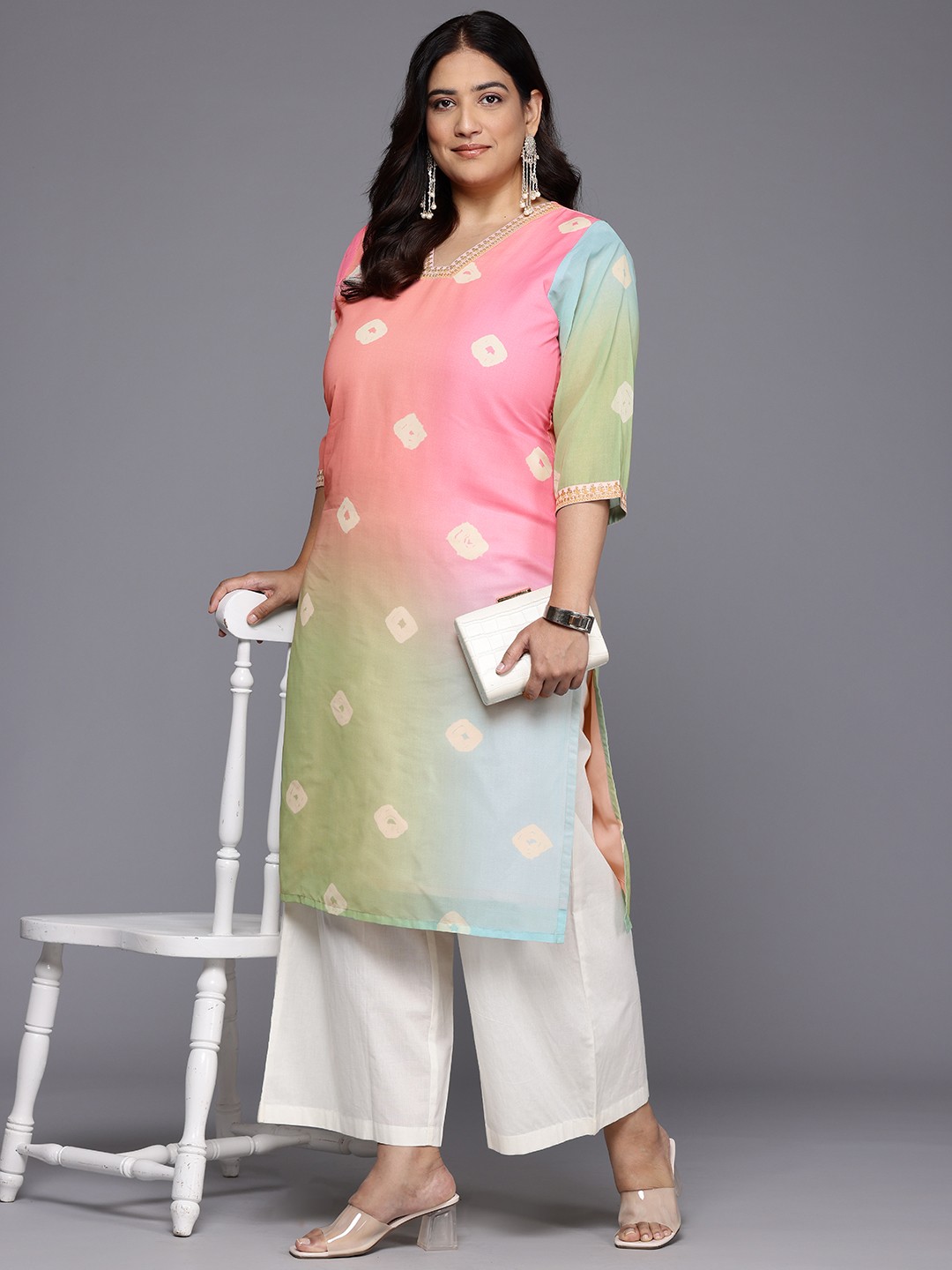 

A PLUS BY AHALYAA Plus Size Bandhani Printed Georgette Kurta, Pink