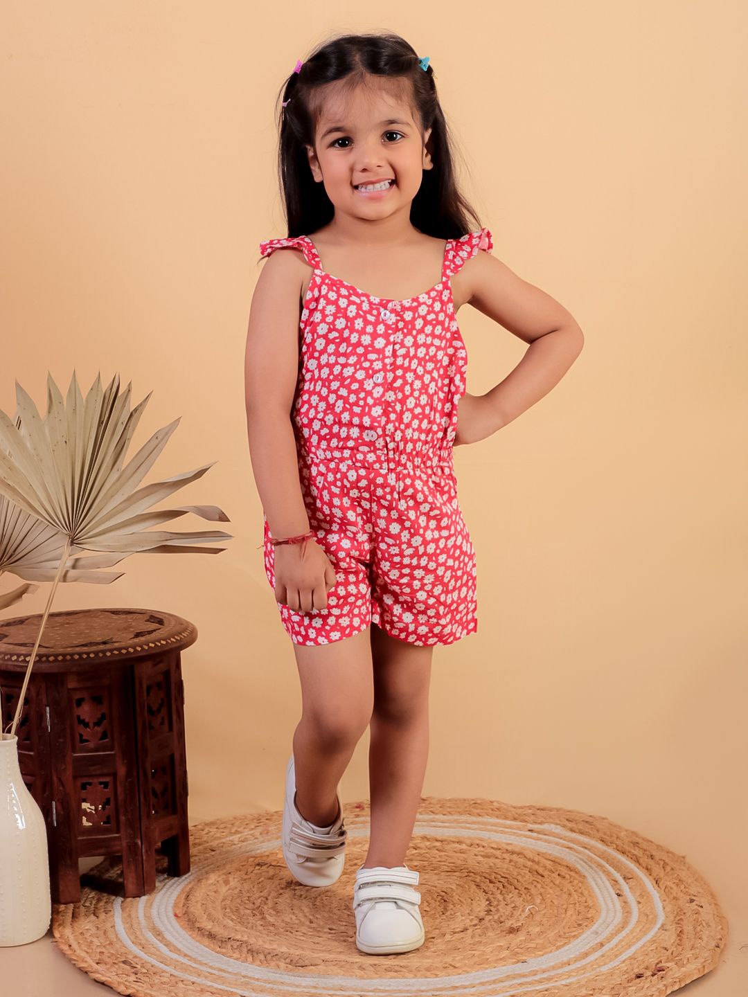 

BAESD Girls Floral Printed Shoulder Straps Playsuit, Red