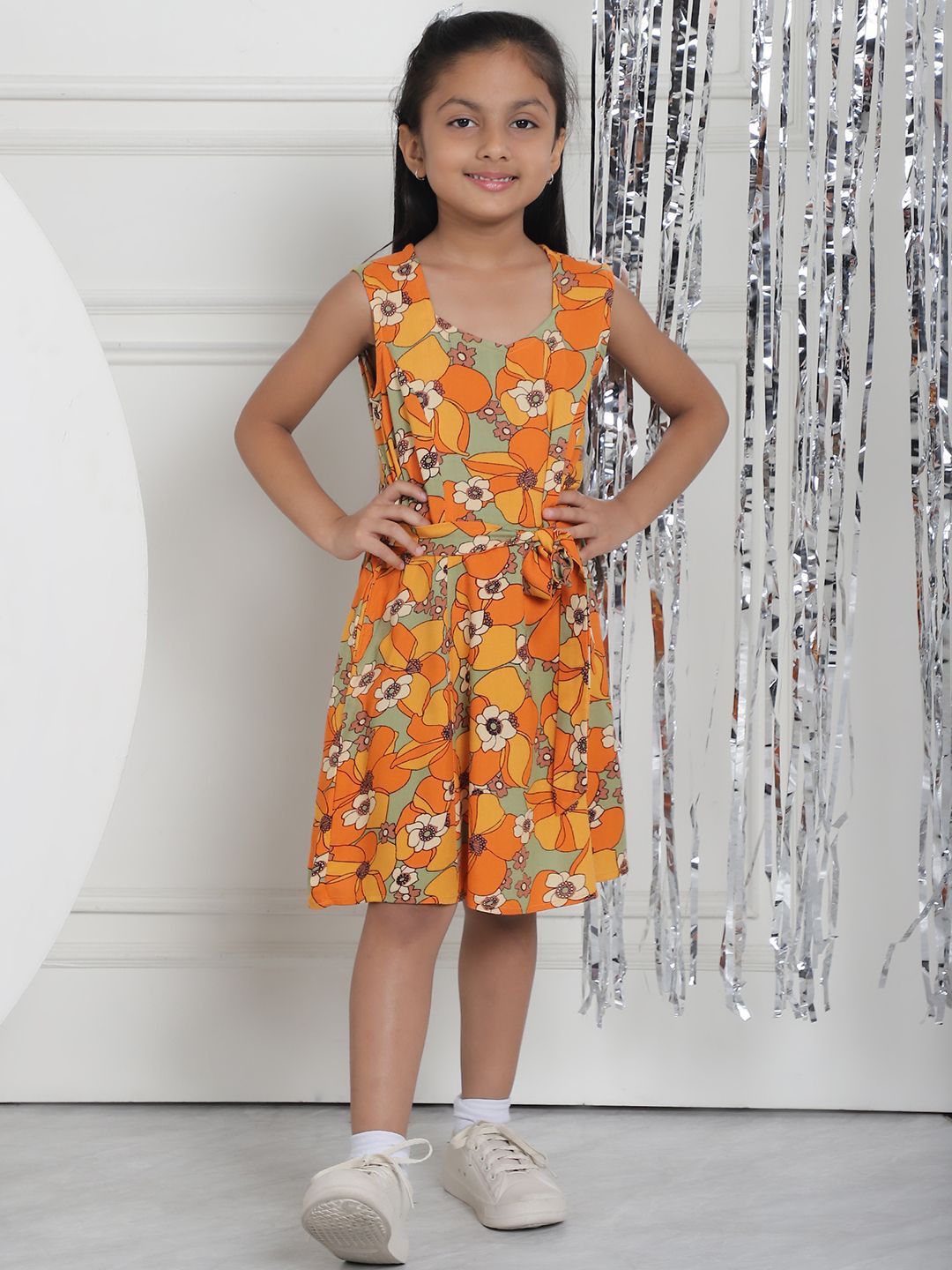 

MINI & MING Girls Floral Printed Round Neck A-Line Dress, Yellow