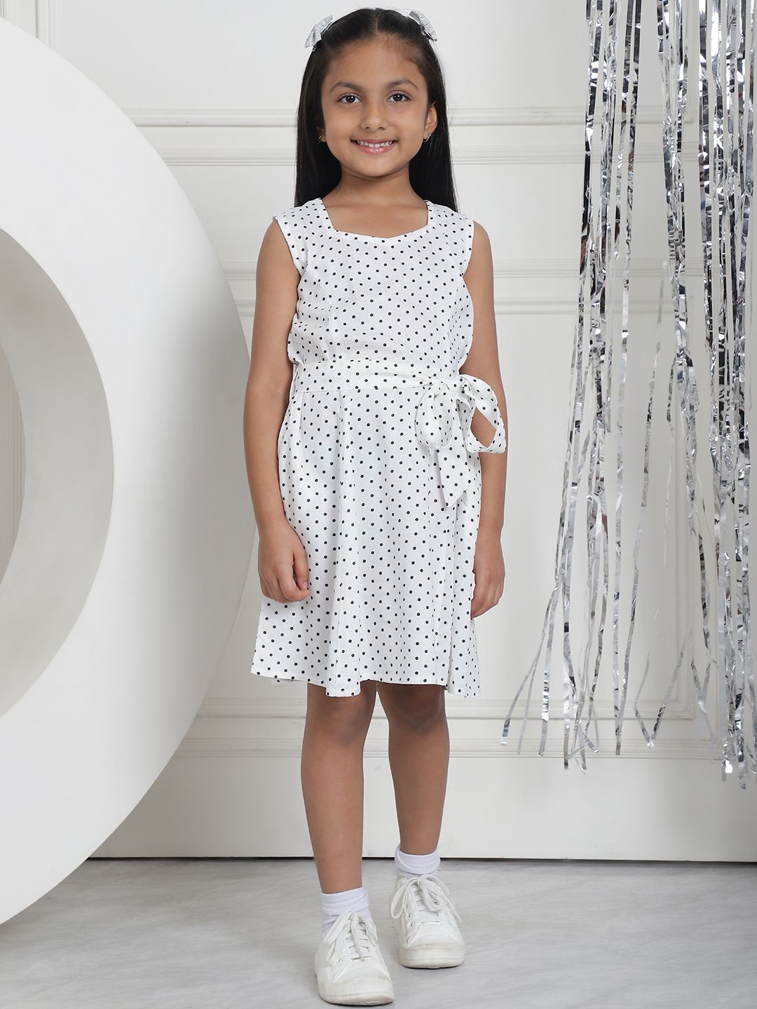 

MINI & MING Girls Polka Dot Printed Tie-Ups A-Line Dress, White