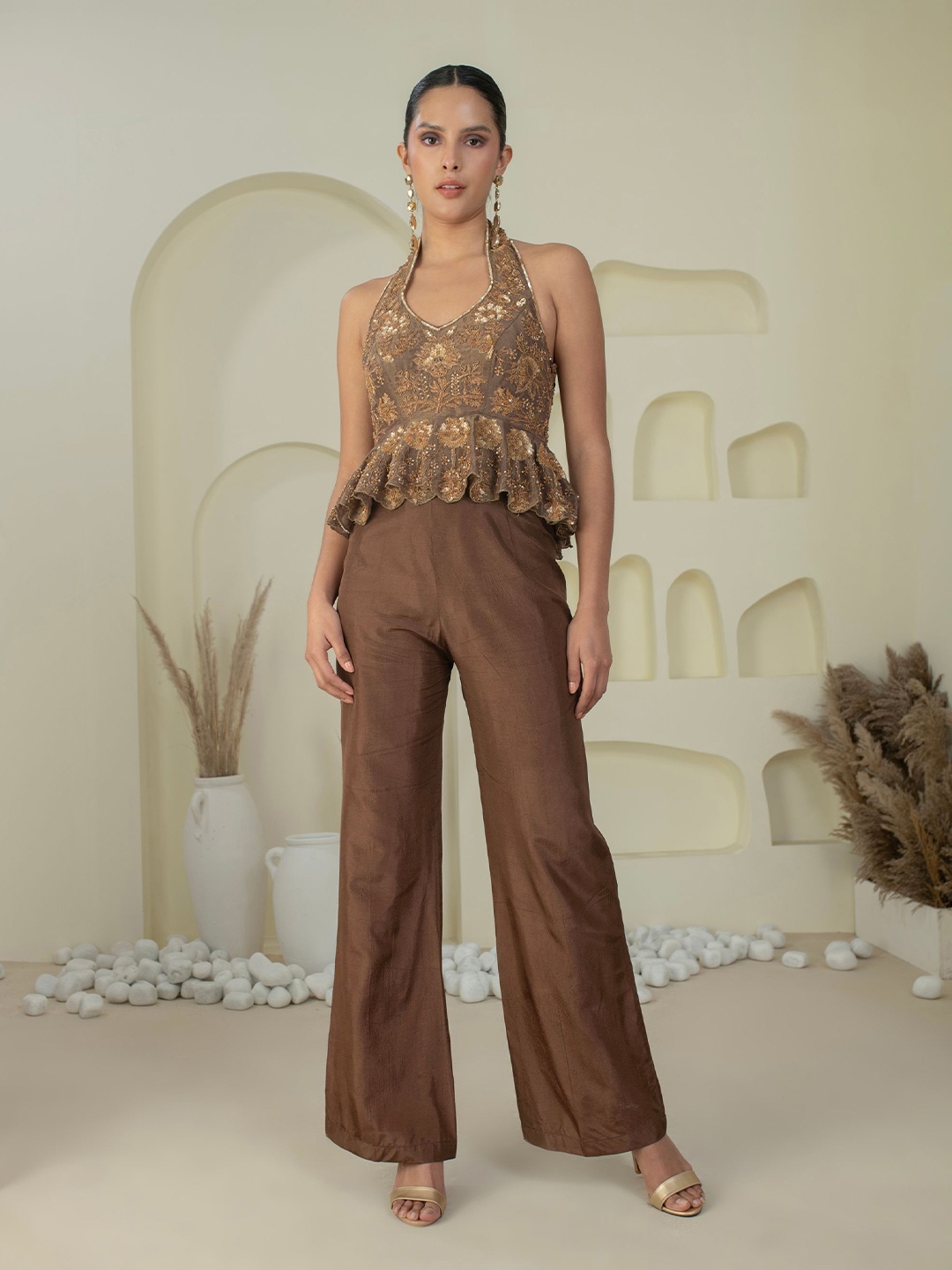 

Kanchi Khurana Couture Embellished Top with Trousers, Brown