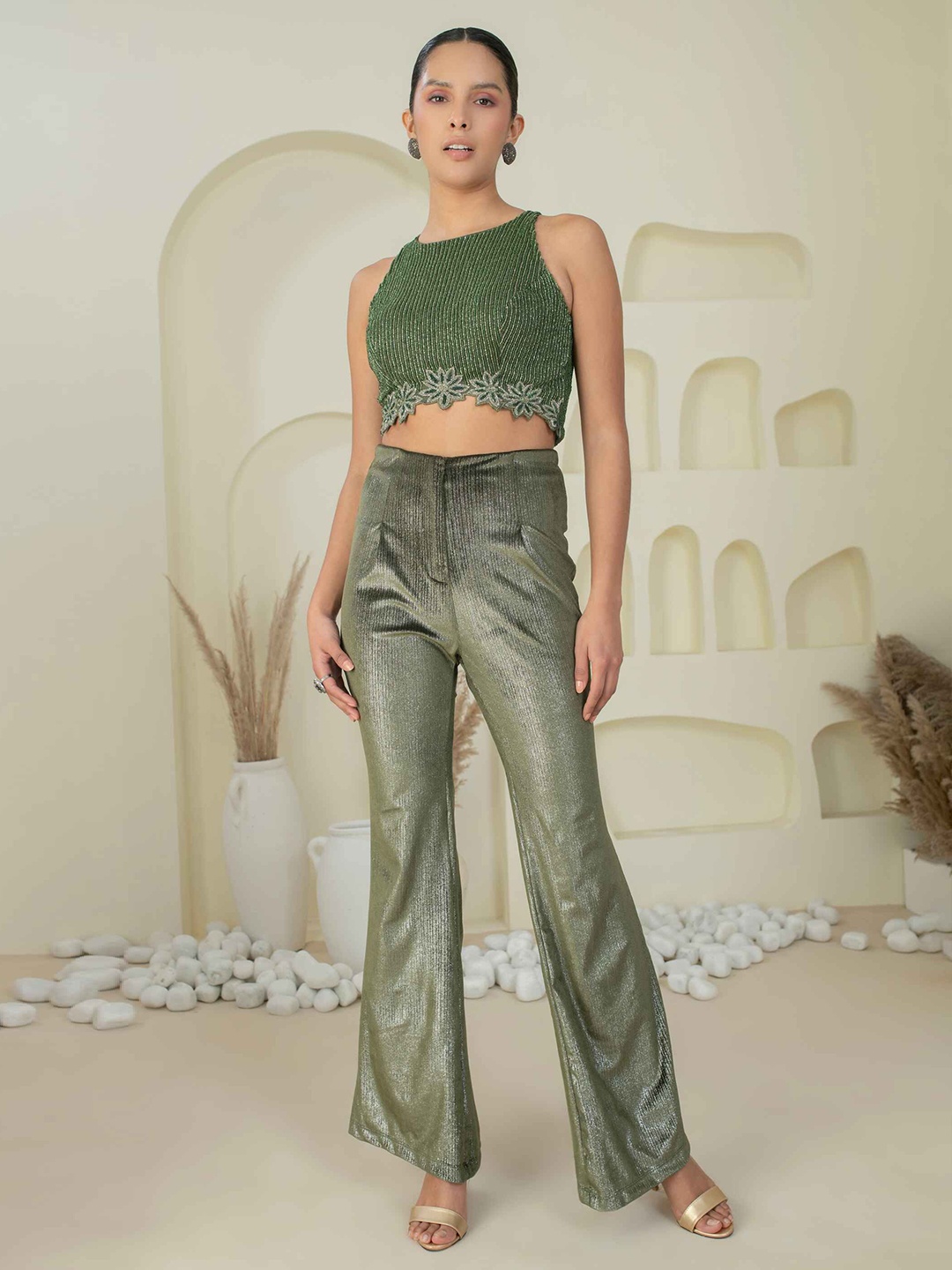 

Kanchi Khurana Couture Top With Trouser Co-Ords Set, Green
