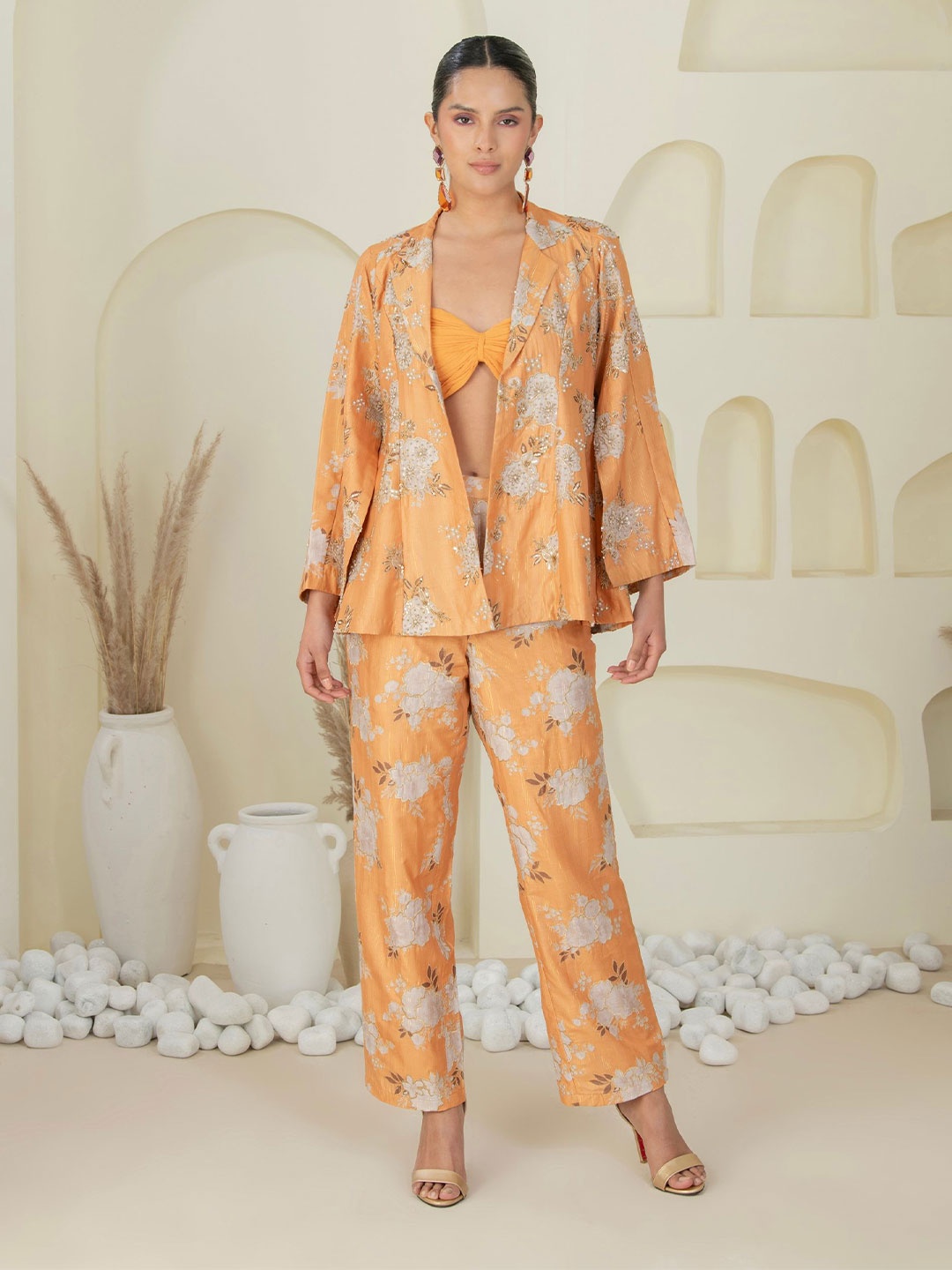 

Kanchi Khurana Couture Printed Top Shrug & Trouser Co-Ords, Mustard