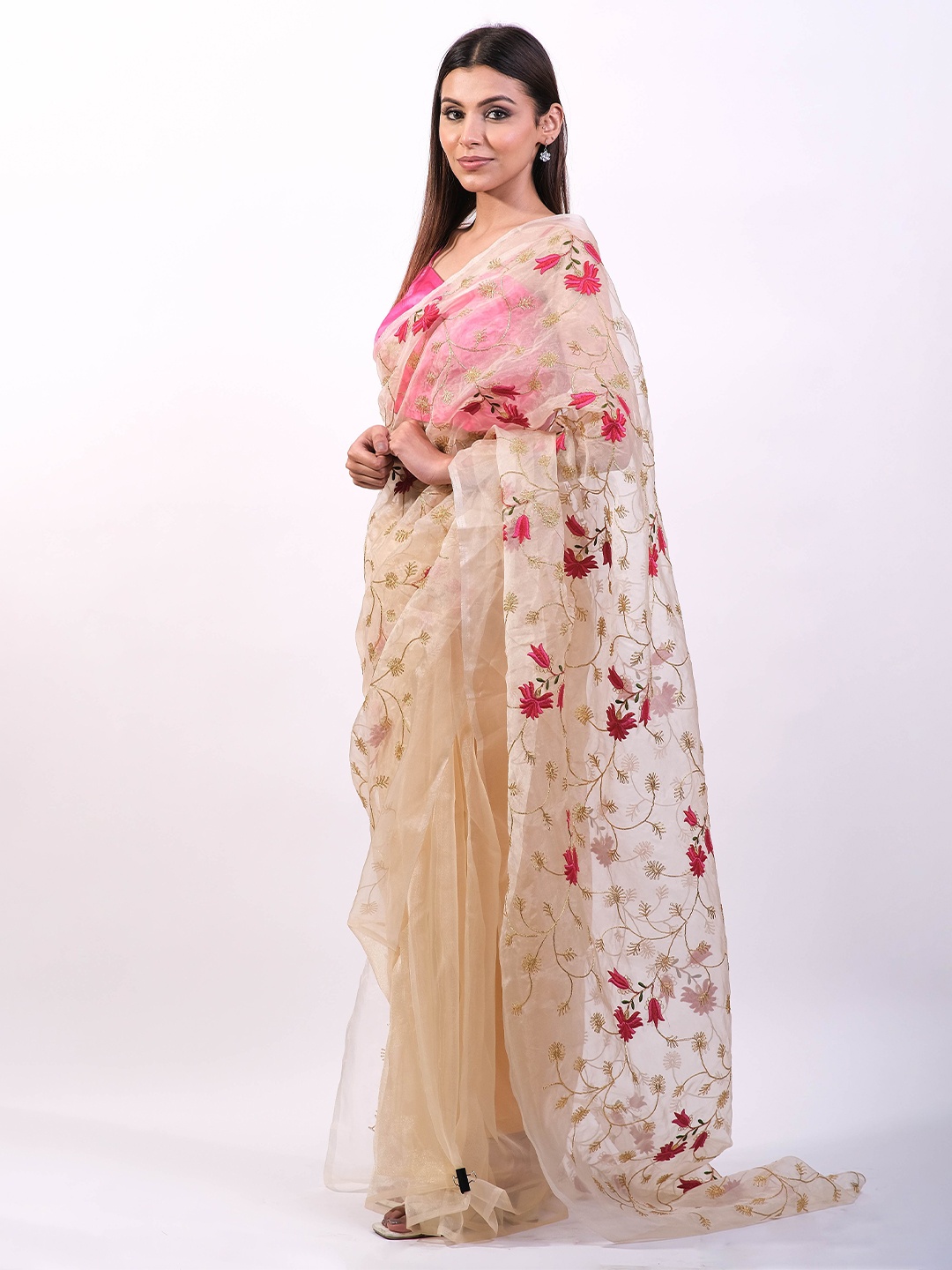 

Aynaa Embellished Embroidered Organza Saree, Gold