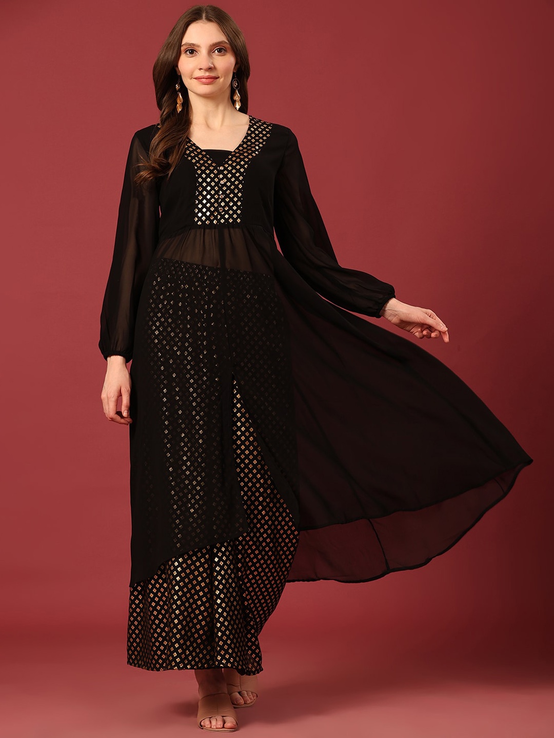 

Poshak Hub Ethnic Motifs Printed A-Line Kurta with Palazzos, Black