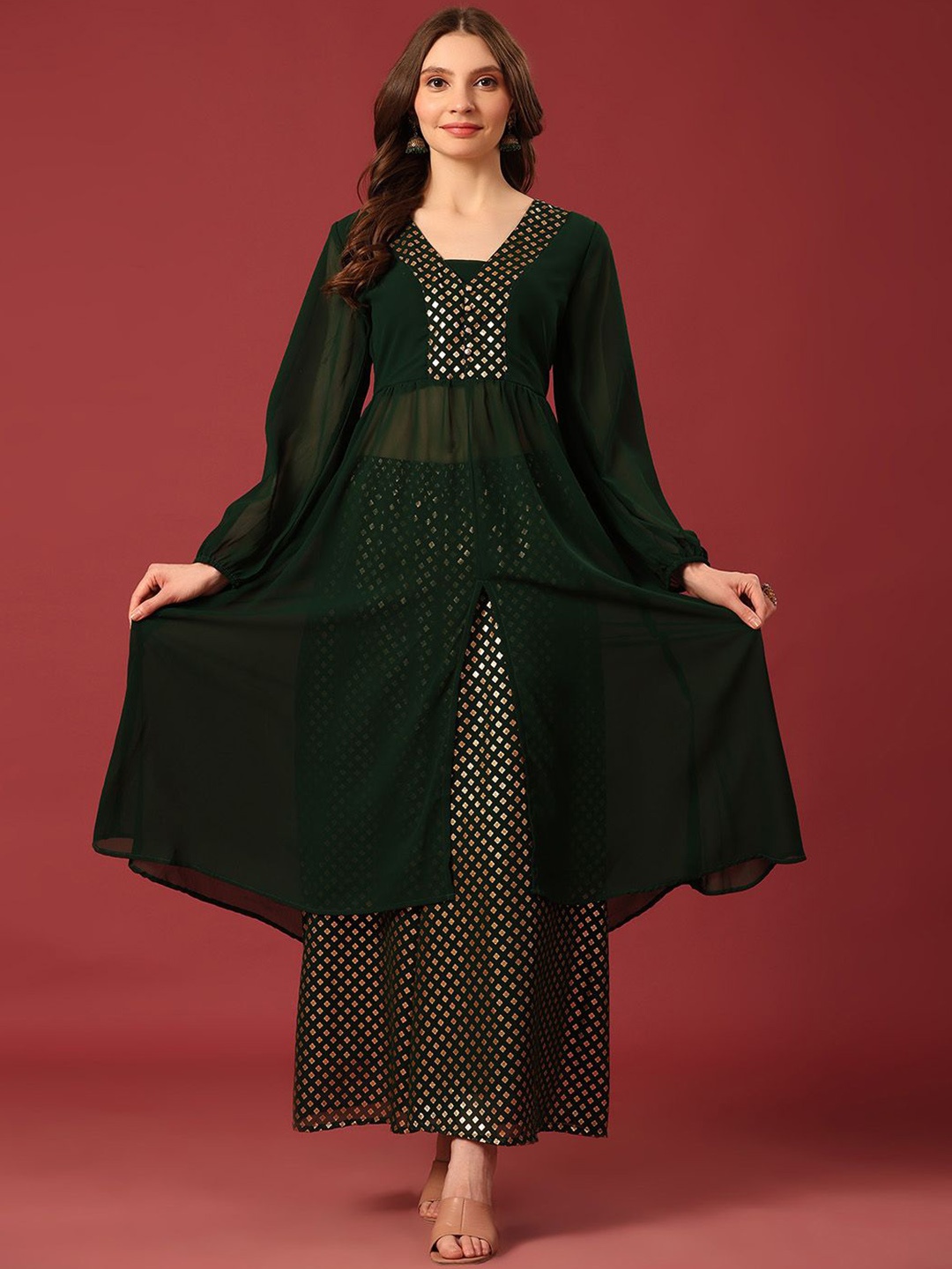 

Poshak Hub V Neck Long Puff Sleeves Yoke Design A-Line Kurta with Palazzo, Green