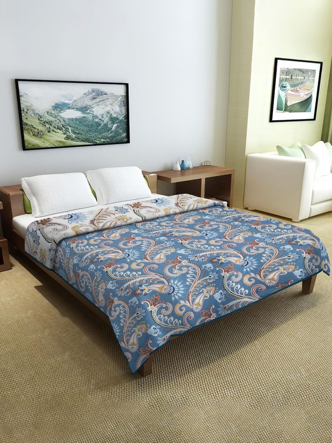 

Cortina Blue & White Ethnic Motifs Microfiber AC Room Reversible Double Bed Dohar