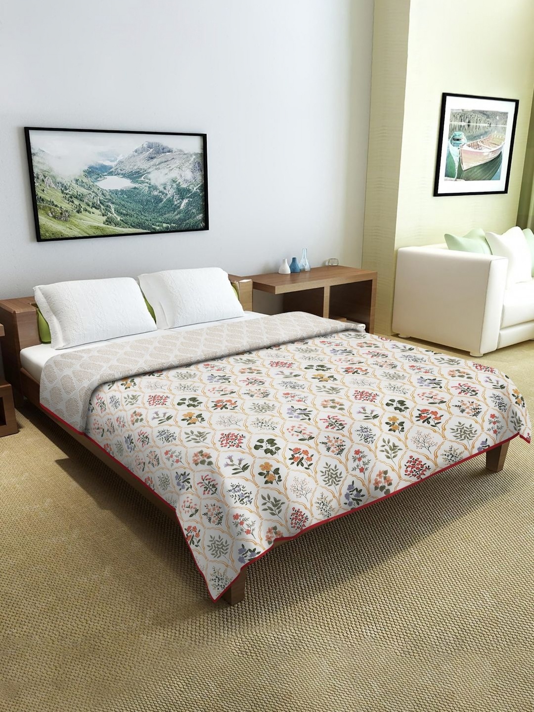 

Cortina White & Beige Floral Microfiber AC Room Reversible Double Bed Dohar