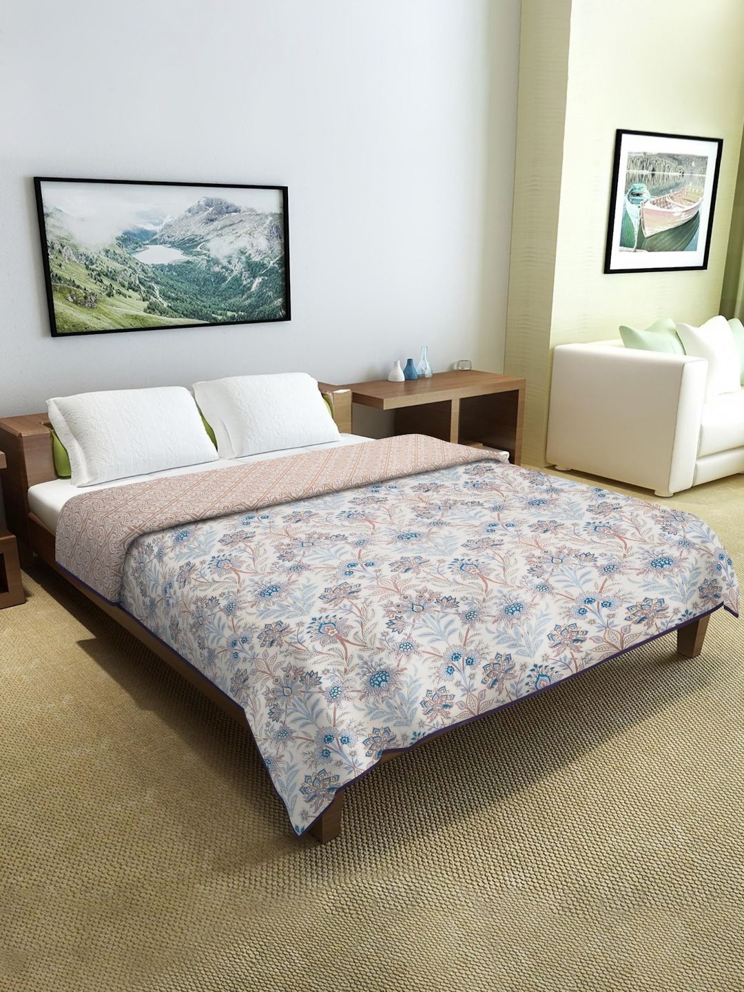 

Cortina White & Blue Ethnic Motifs Microfiber AC Room Reversible Double Bed Dohar