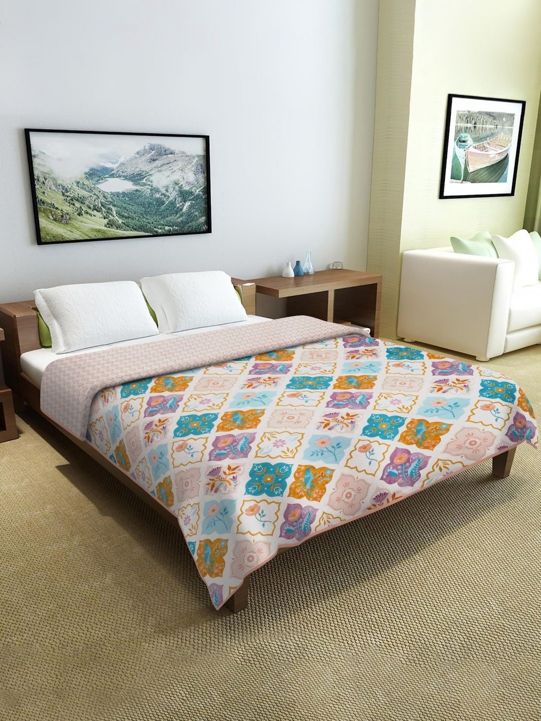 

Cortina Beige & Blue Geometric Microfiber AC Room Reversible Double Bed Dohar