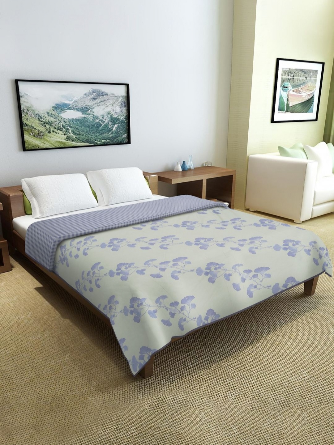 

Cortina Off White & Blue Floral Microfiber AC Room Reversible Double Bed Dohar