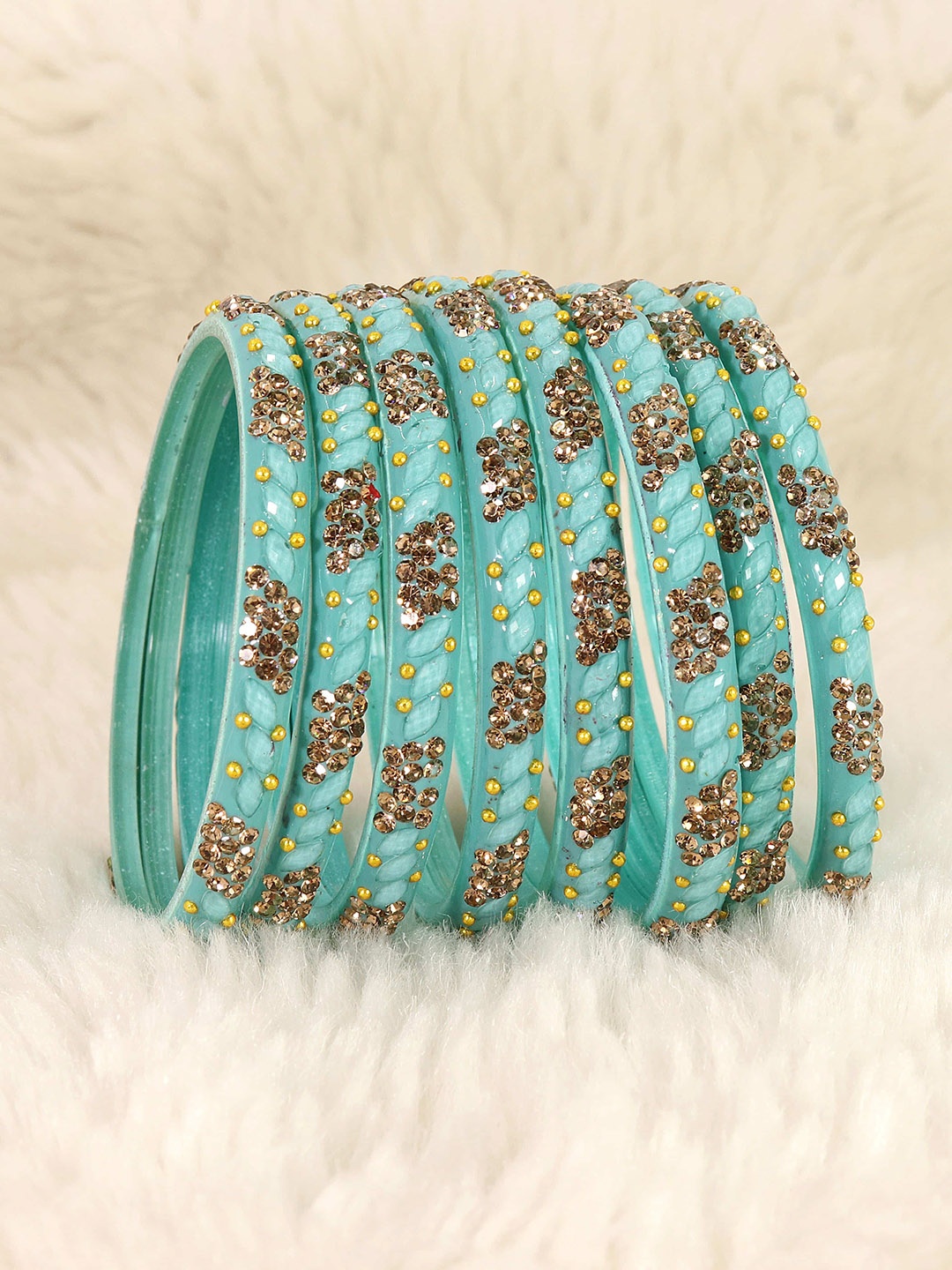 

LAVAZZA Set Of 8 Glass Crystals Cubic Zirconia Studded & Beaded Bangles, Teal
