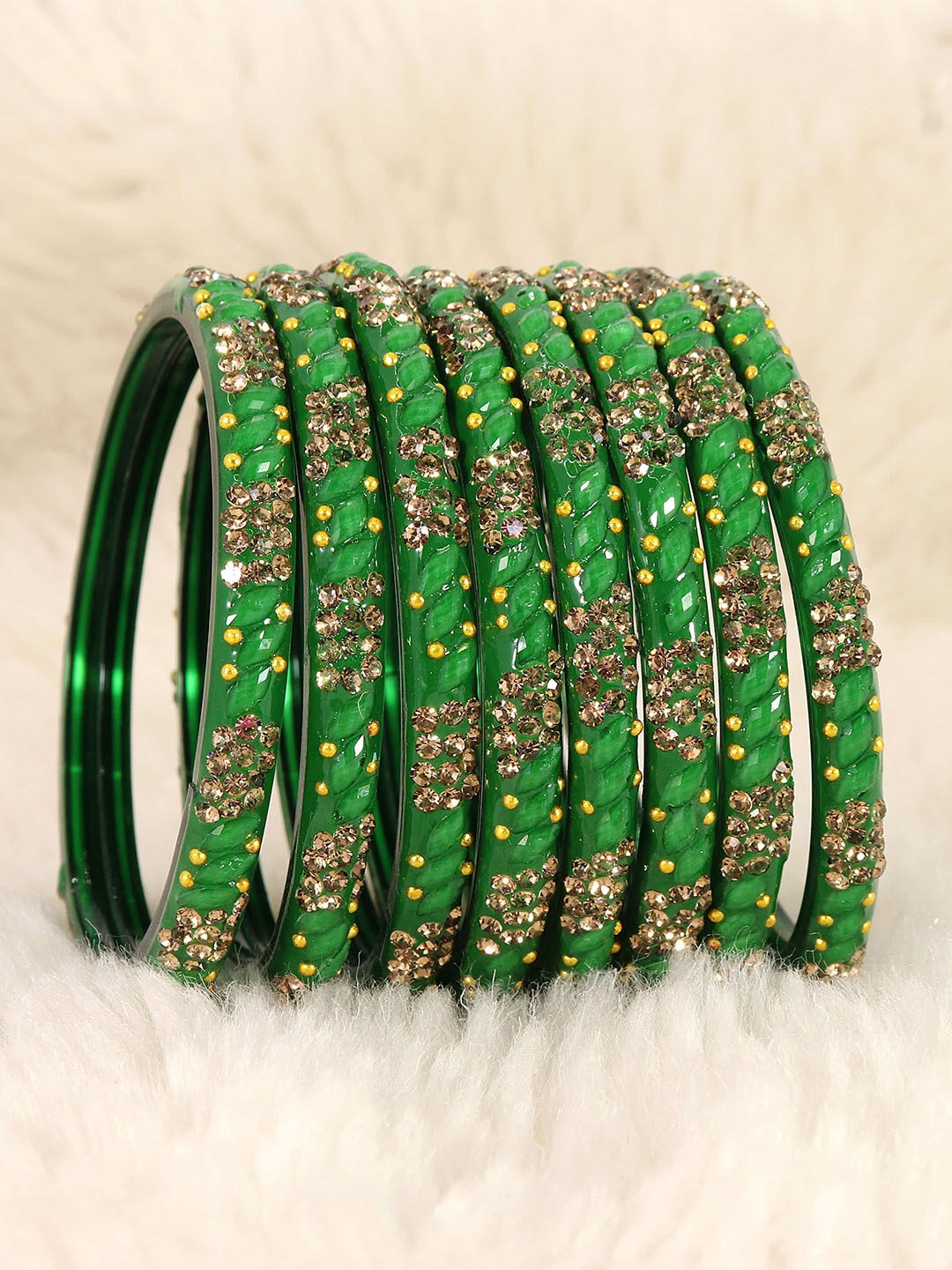 

LAVAZZA Set Of 8 Gold Plated Crystals Zircon Studded & Beaded Bangles, Green