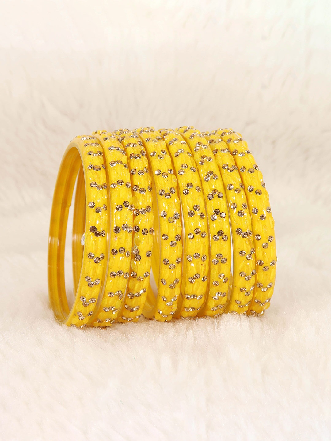 

LAVAZZA Set Of 8 Crystals Cubic Zirconia Studded & Beaded Bangles, Yellow