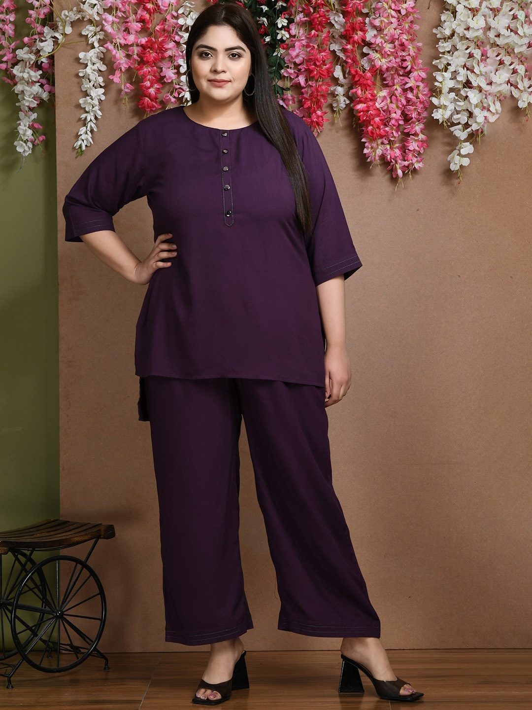 PrettyPlus by Desinoor.com Plus Size Round Neck Top With Trousers, Purple