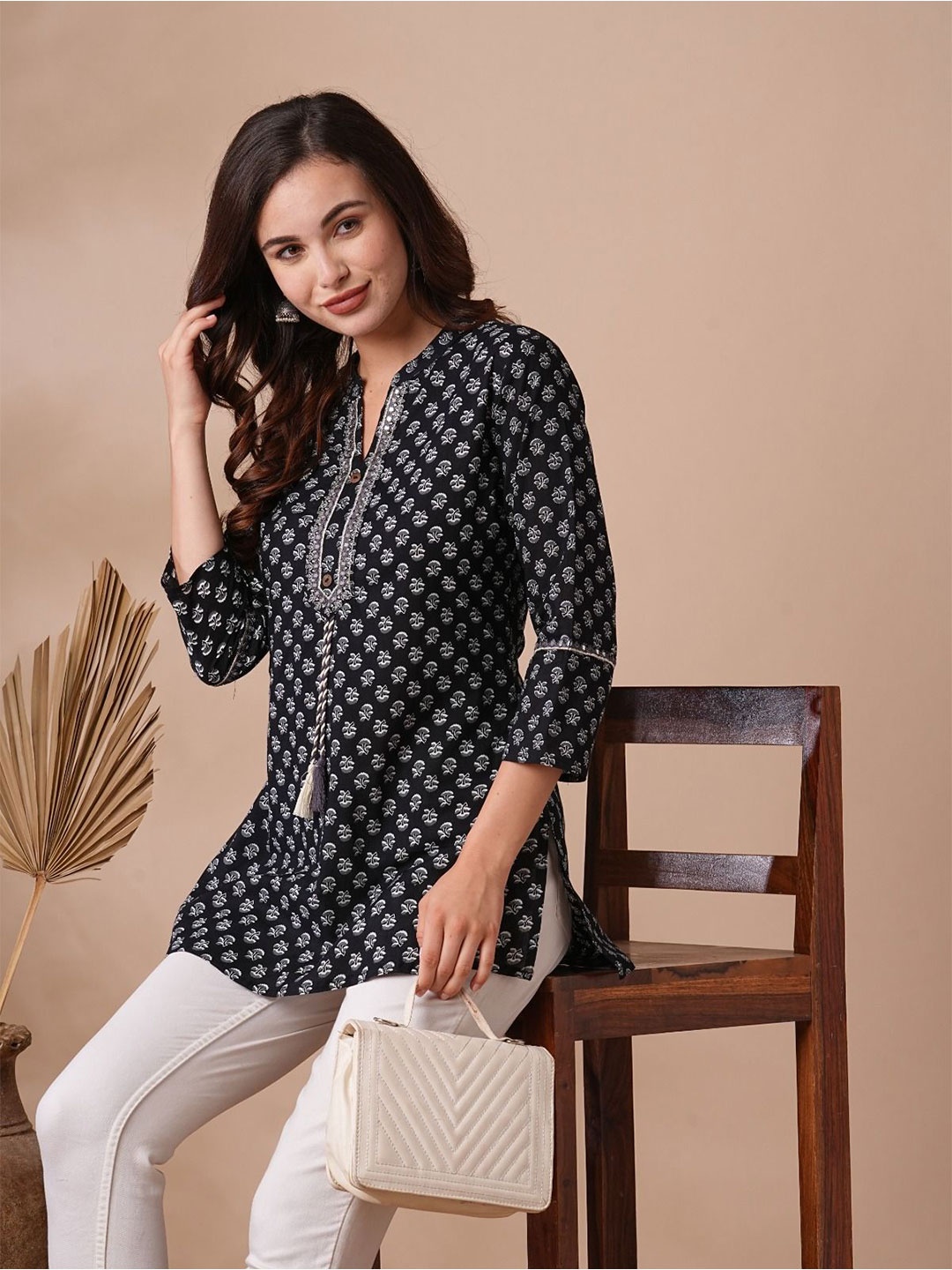 

KALINI Ethnic Motifs Printed Mirror Work Mandarin Collar Pure Cotton Kurti, Black