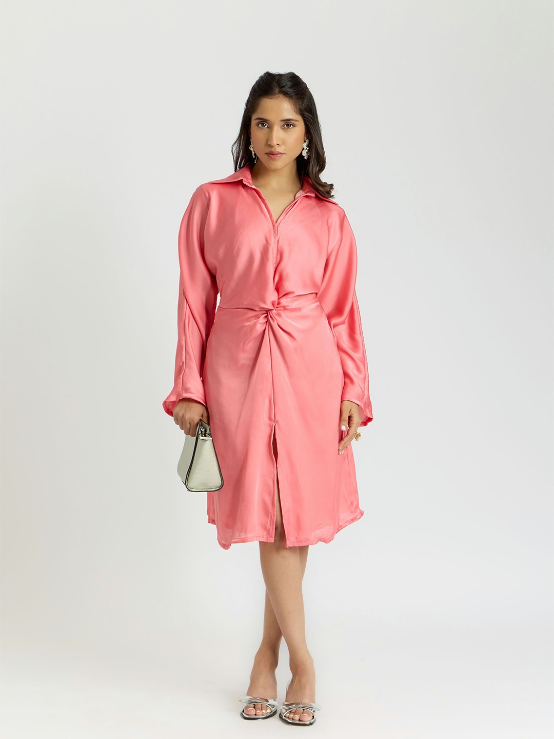 

Alaya By Stage3 Women Cairo Bubblegum Shirt Collar Long Sleeves Satin A-Line Knot Dress, Pink