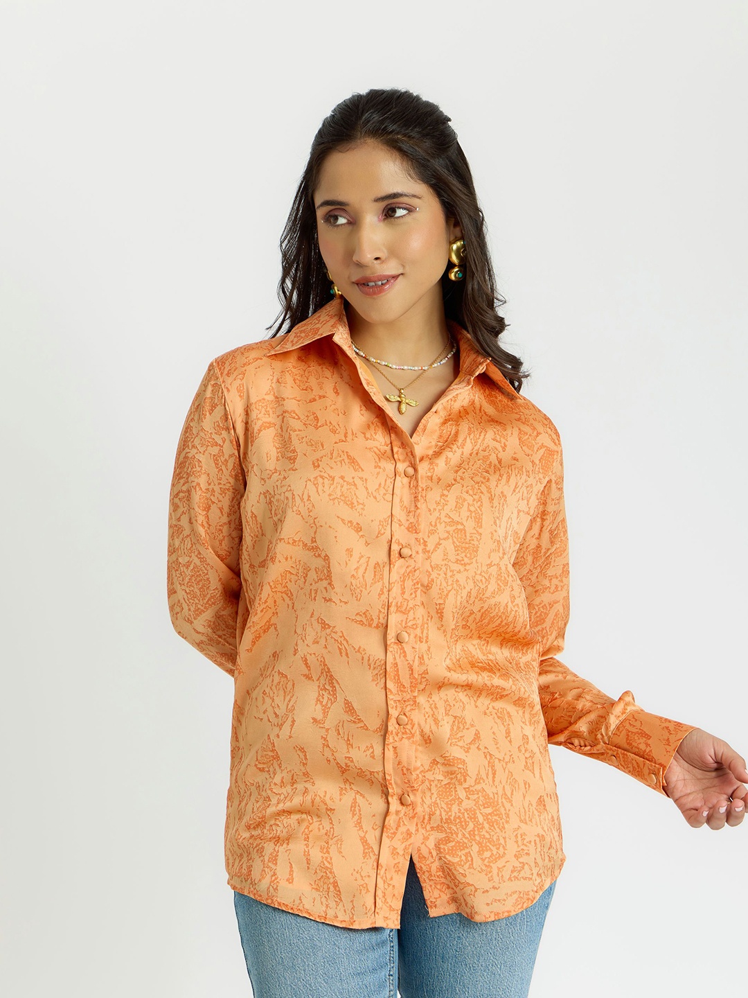 

Alaya By Stage3 Relaxed Floral Printed Satin Casual Shirt, Peach