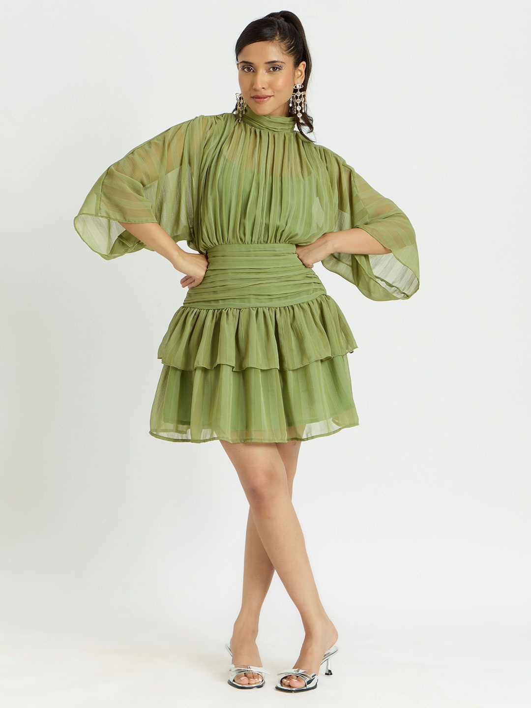 

Alaya By Stage3 High Neck Extended Sleeves Ruffles Flared Mini Dress, Green