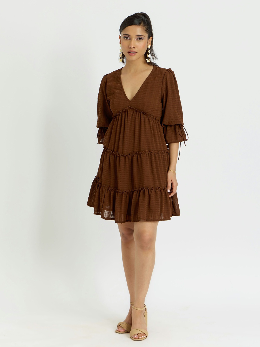 

Alaya By Stage3 Cairo V-Neck Bell Sleeves Tiered Fit and Flare Dress, Brown