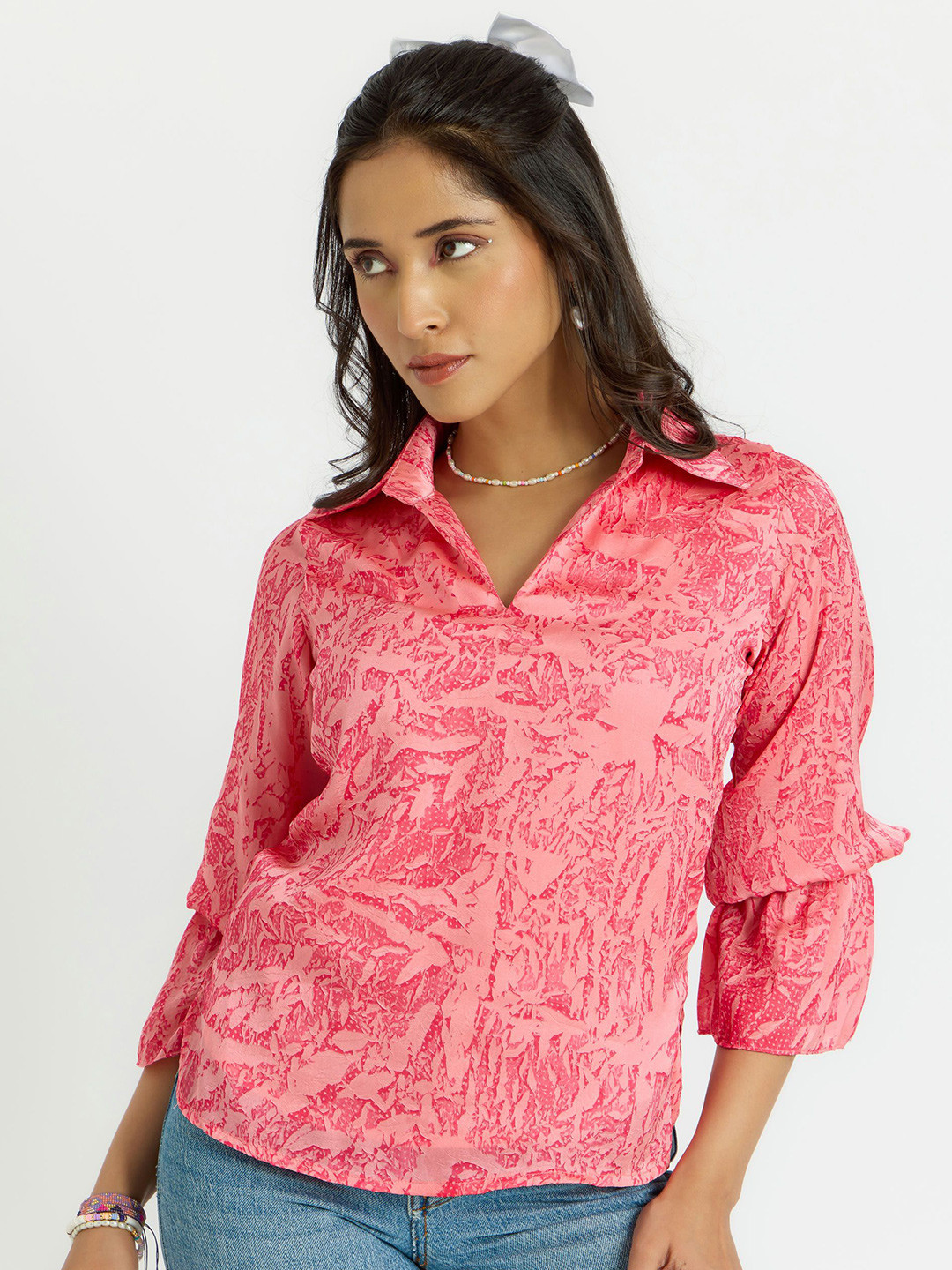

Alaya By Stage3 Abstract Printed Satin Shirt Style Top, Pink