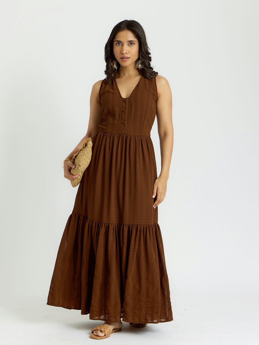 

Alaya By Stage3 Cairo Women Self Design V-Neck Sleeveless Maxi Dress, Brown