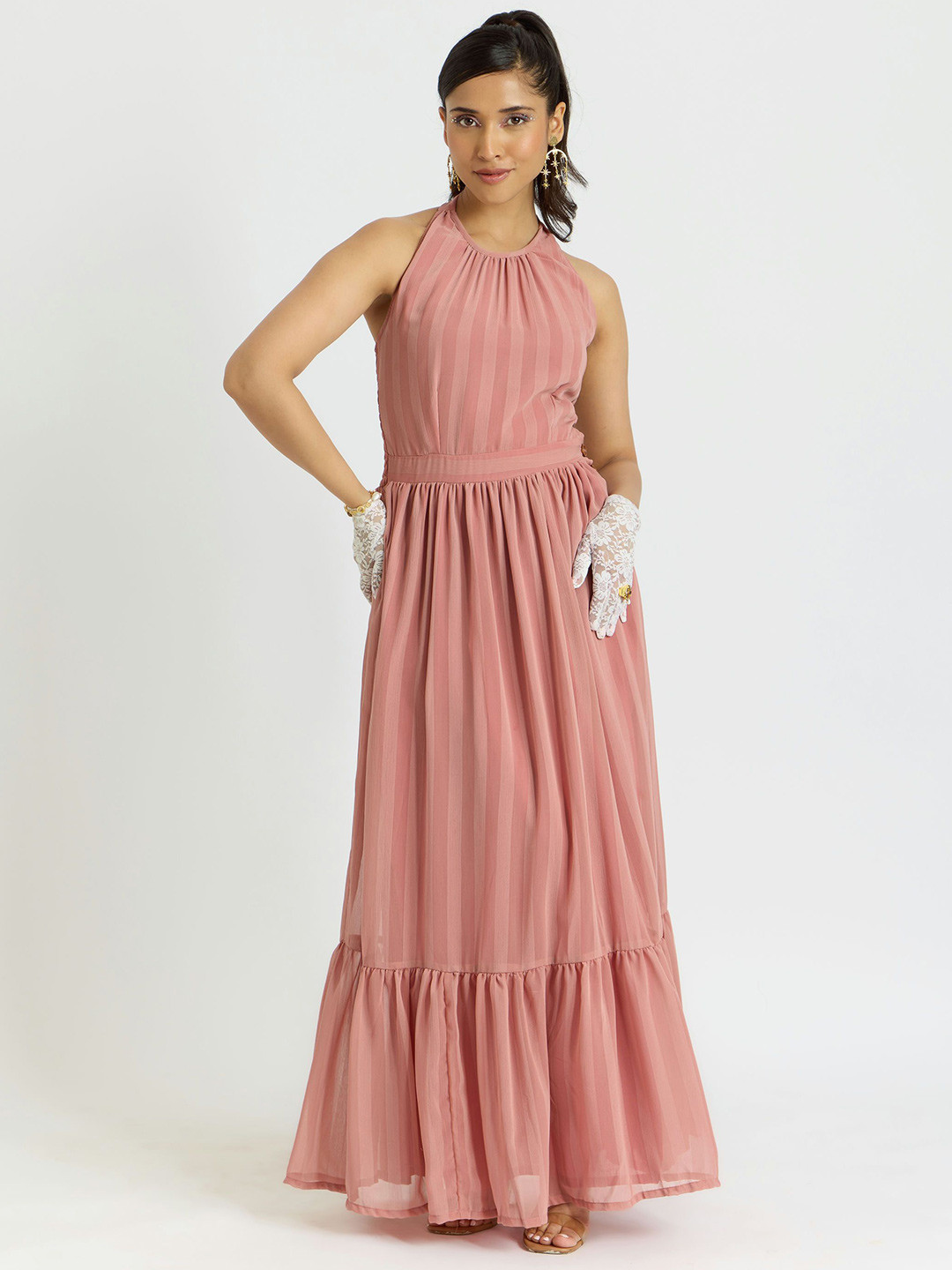 

Alaya By Stage3 Striped Halter Neck Sleeveless Maxi Dress, Pink