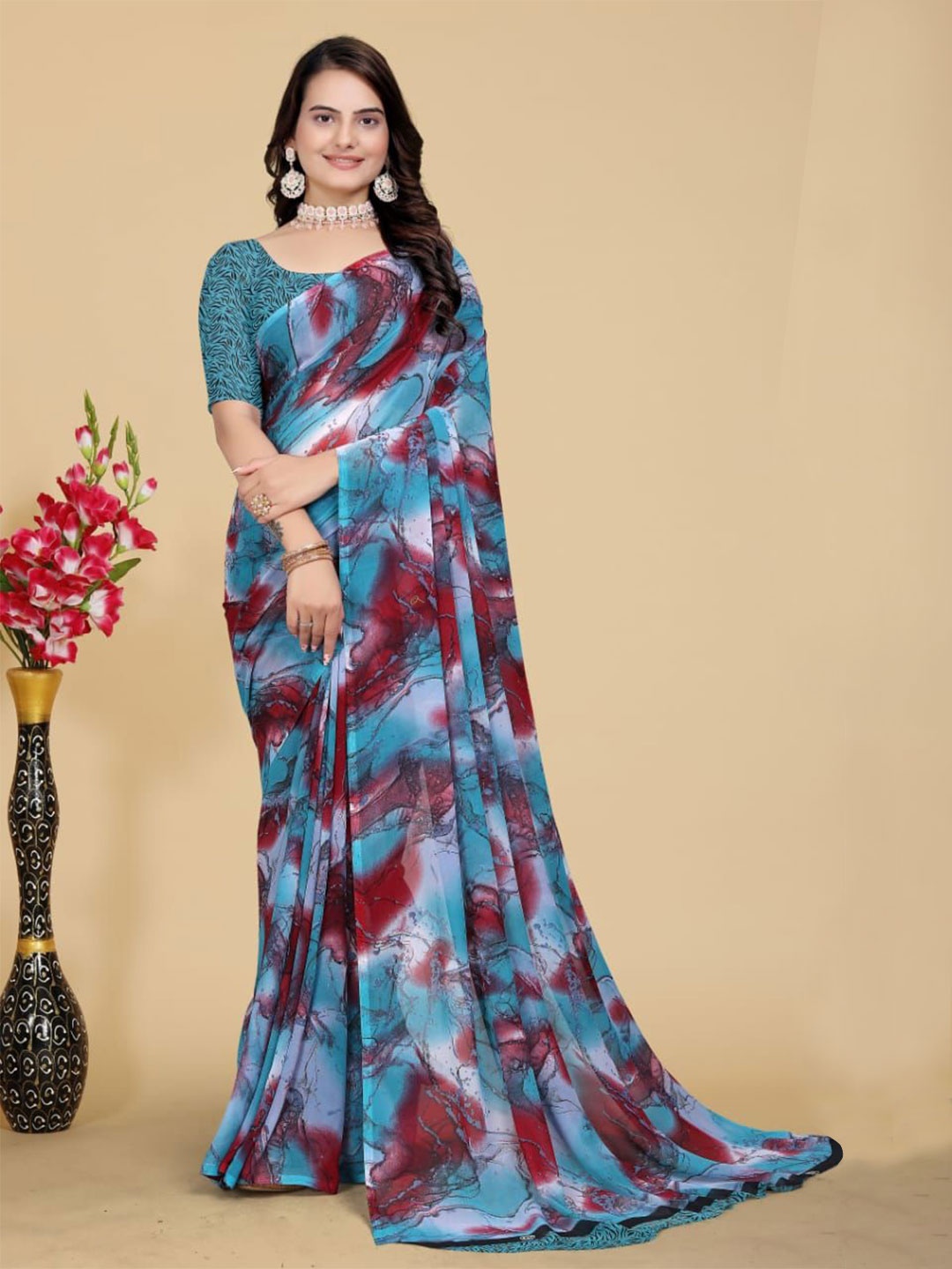 

SANJANA SILK Abstract Printed Saree, Blue