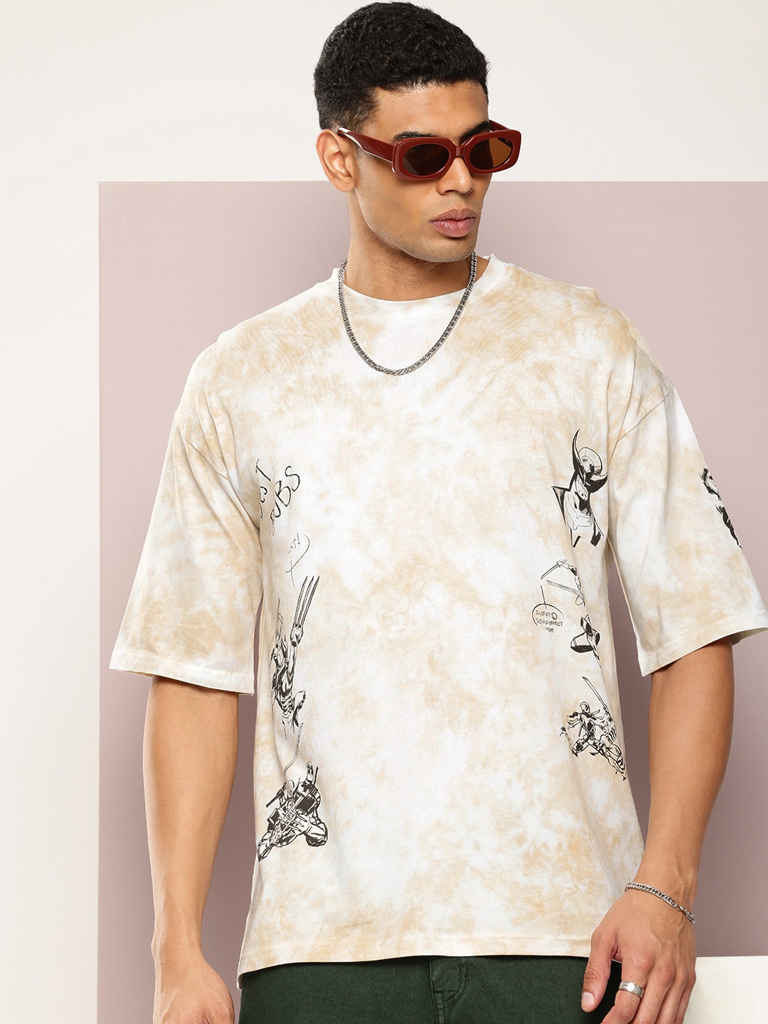 

Kook N Keech Marvel Wolverine Printed Tie & Dye Drop-Shoulder Sleeves Oversized T-shirt, Beige