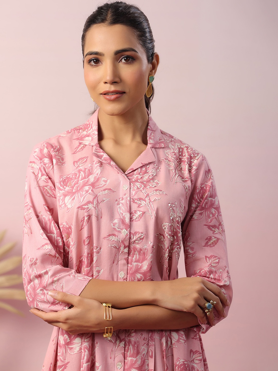 

KALINI Floral Printed Pure Cotton Shirt Dress, Peach