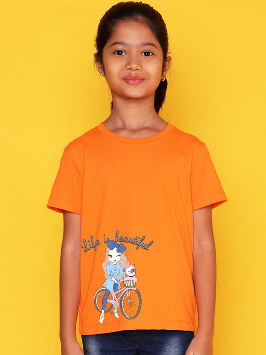 

NUSYL Girls Graphic Printed Round Neck T-shirt, Orange