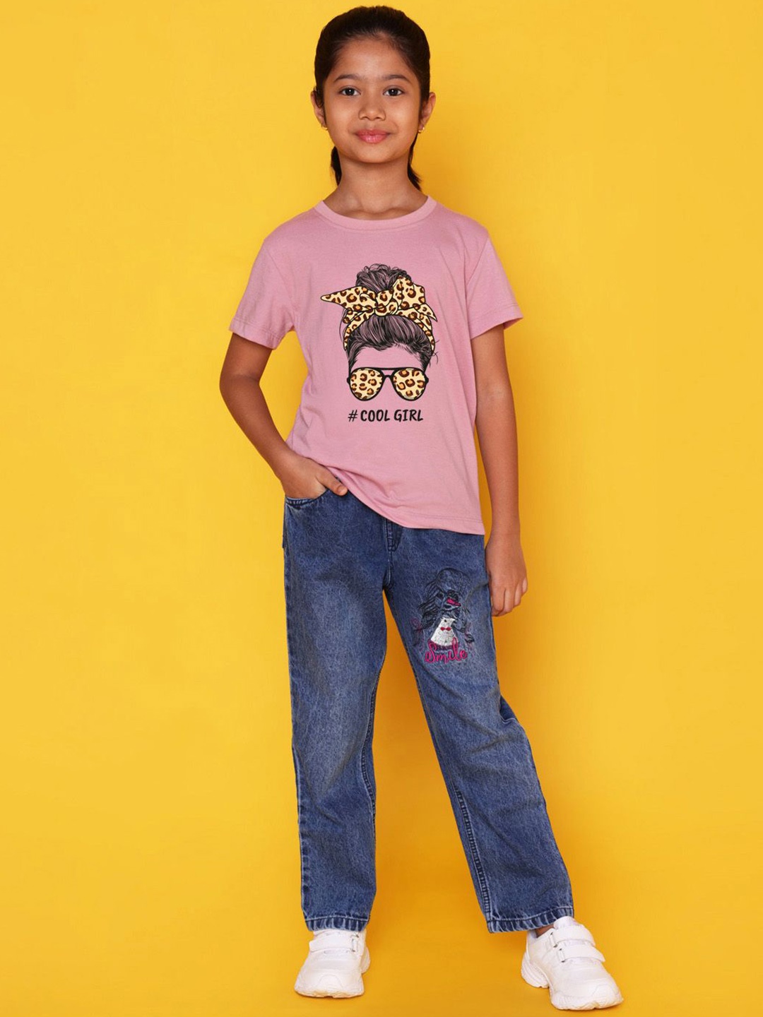 

NUSYL Girls Printed Applique T-shirt, Pink