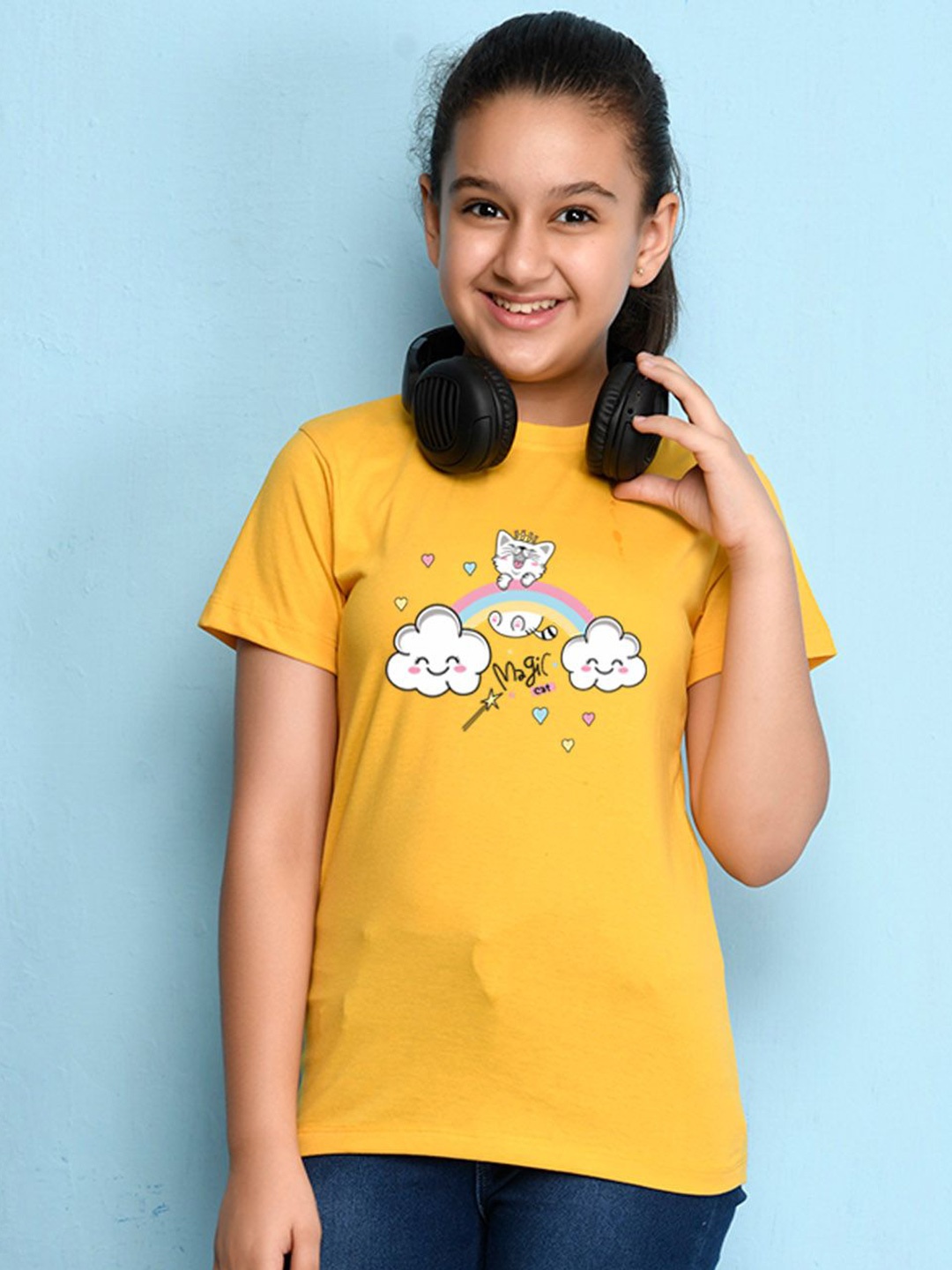 

NUSYL Girls Graphic Printed Round Neck Casual T-shirt, Yellow