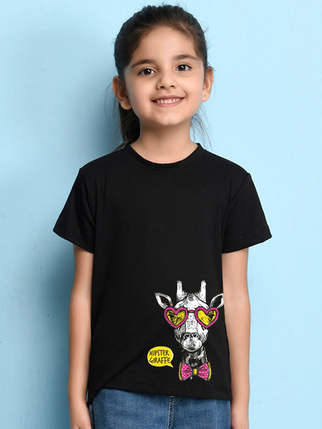 

NUSYL Girls Graphic Printed Round Neck T-shirt, Black