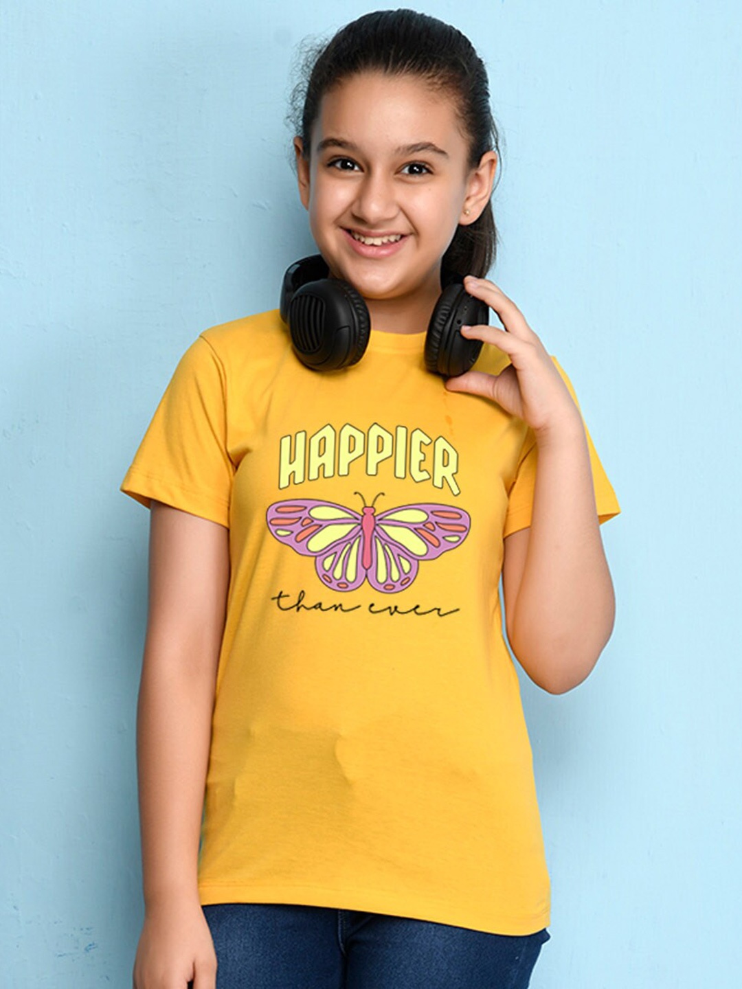 

NUSYL Girls Graphic Printed Round Neck Short Sleeves T-shirt, Yellow