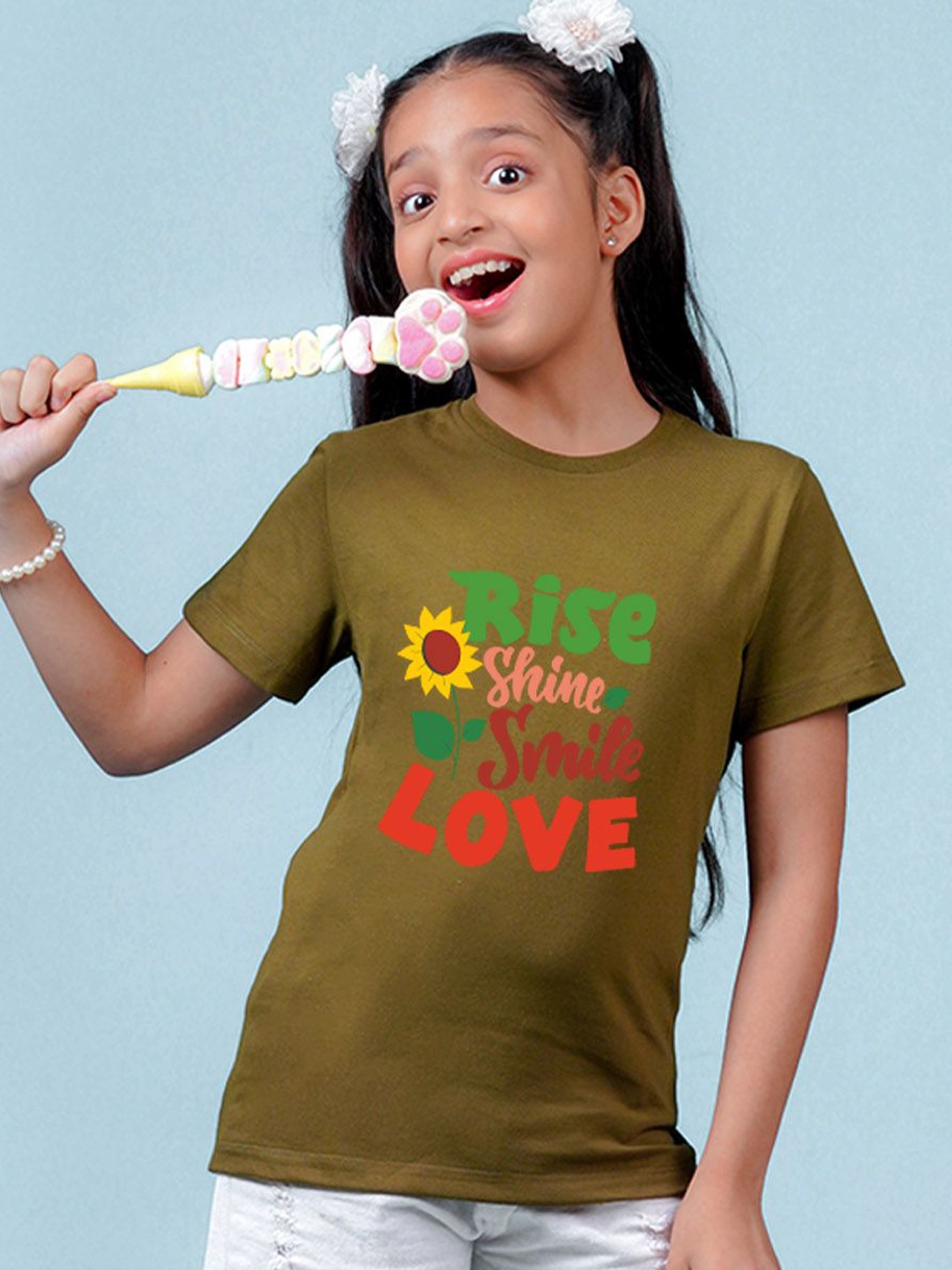 

NUSYL Girls Typography Printed Round Neck Short Sleeves T-shirt, Green