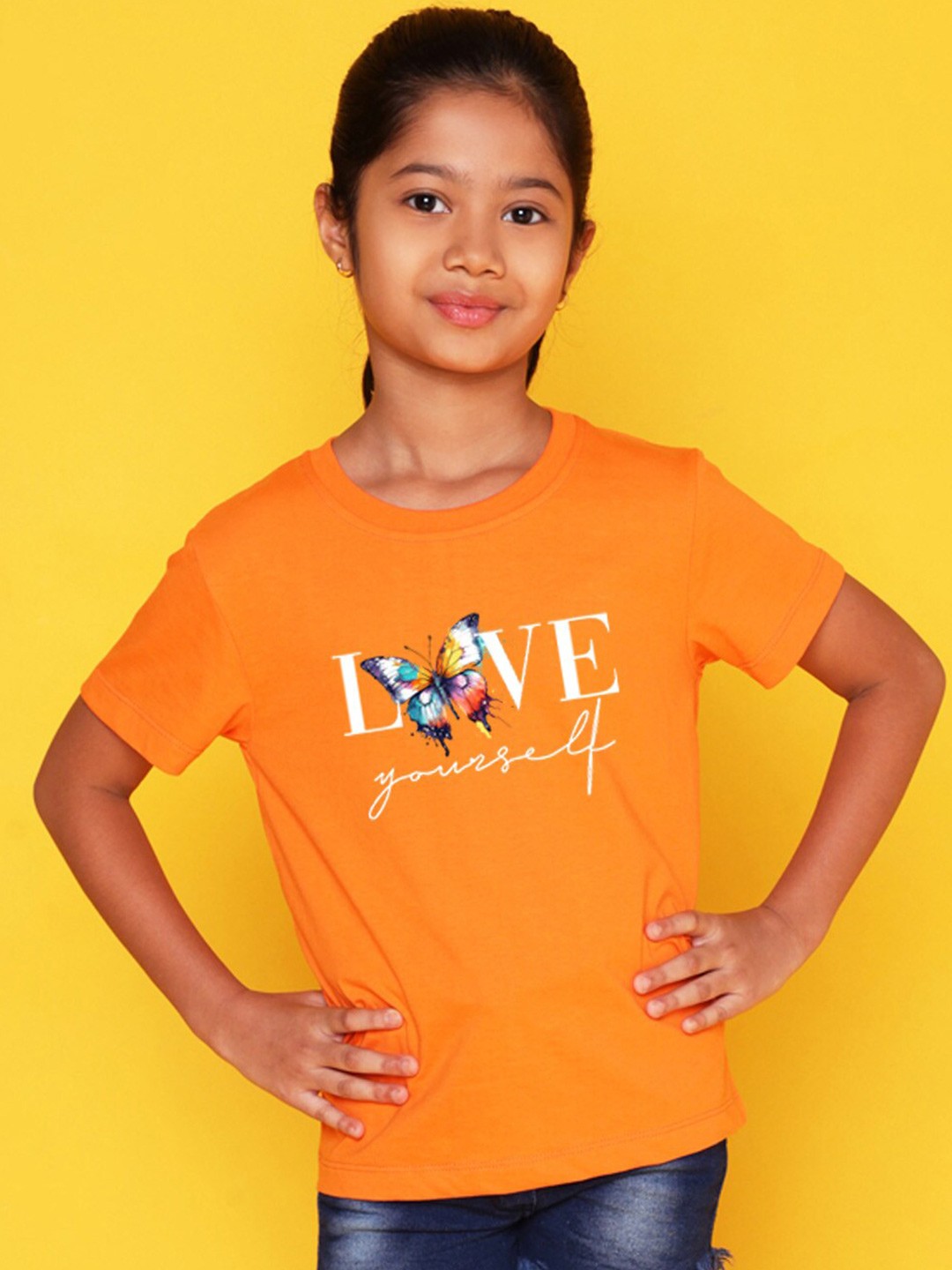 

NUSYL Girls Text & Butterfly Printed T-shirt, Orange