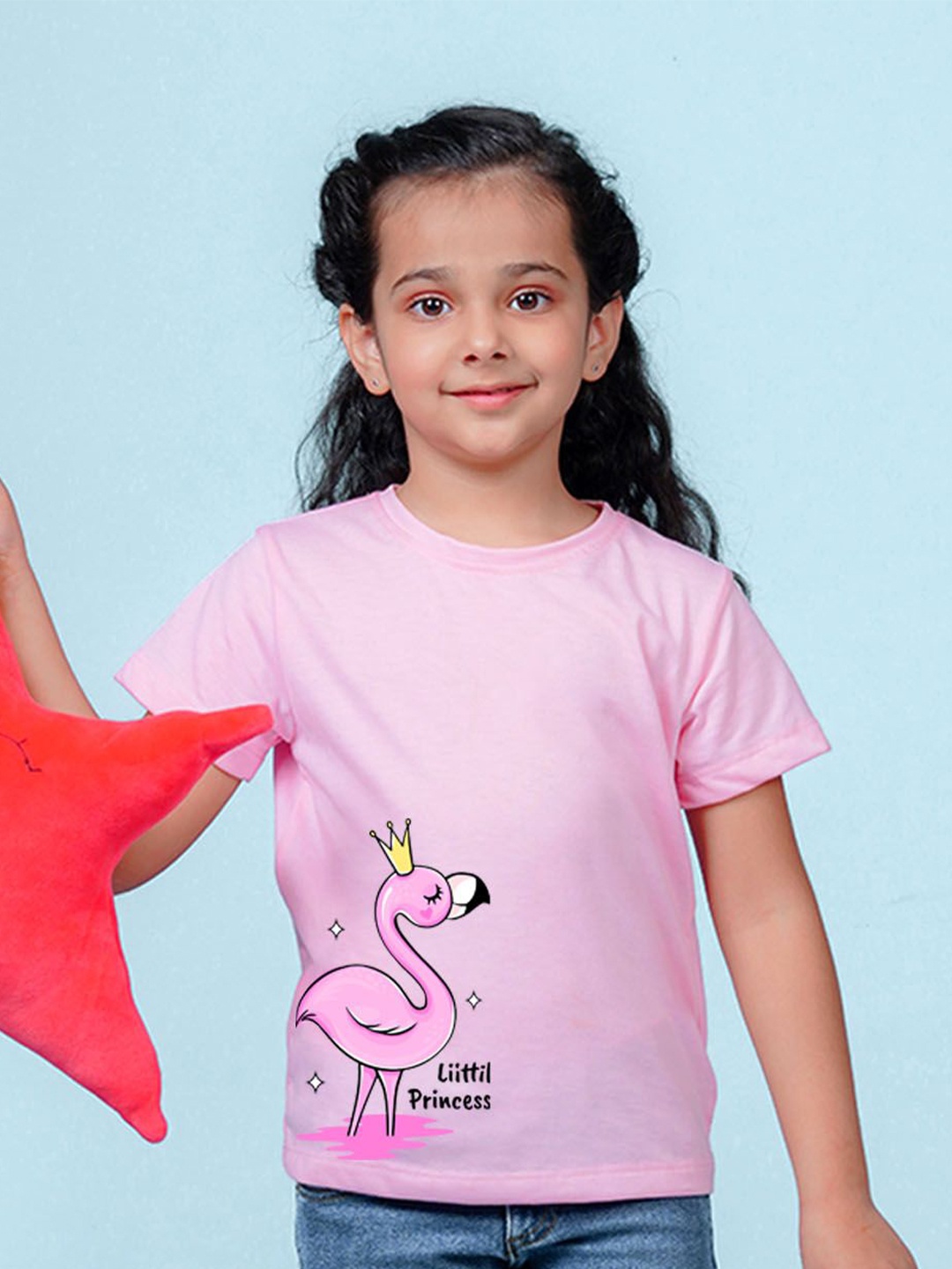 

NUSYL Girls Flamingo Printed Round Neck T-shirt, Pink